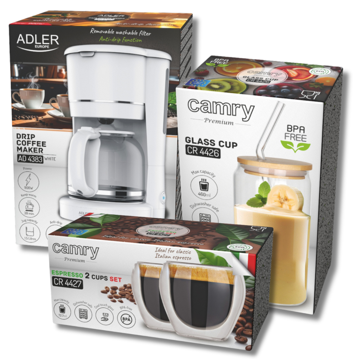 Czarna grafika przedstawiająca filiżankę kawy i serce, symbolizująca prezent.