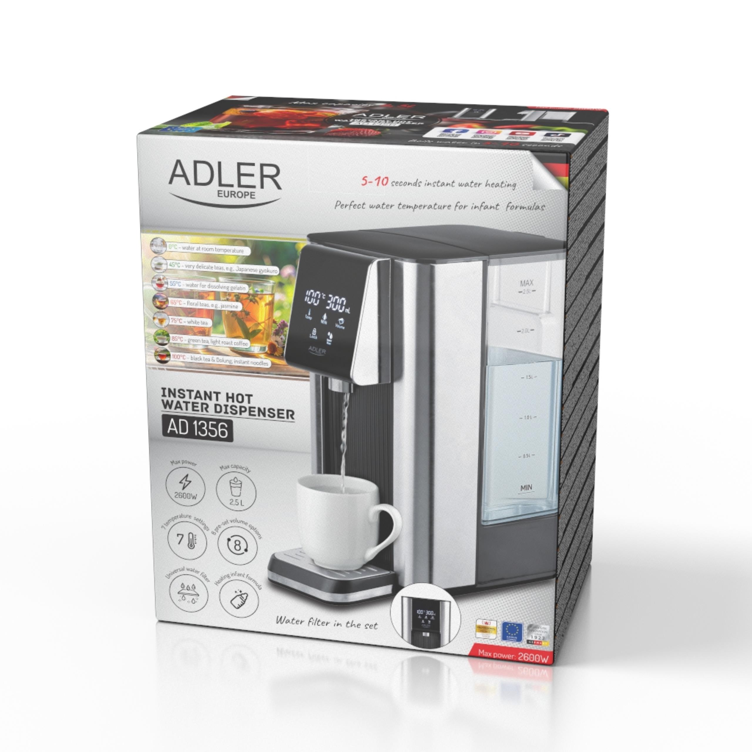 Elementy zestawu: dozownik gorącej wody, wyjmowany zbiornik, filtr, tacka ociekowa i instrukcja obsługi.