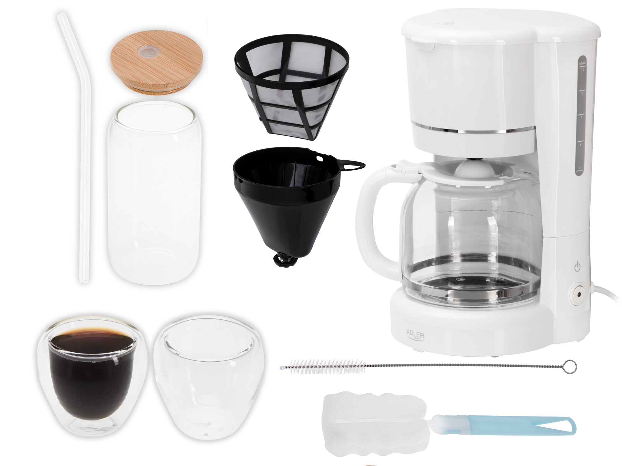 Grafika przedstawiająca wszystkie elementy zestawu: ekspres, dzbanek, filtry, filiżanki espresso, kubek ze słomką.
