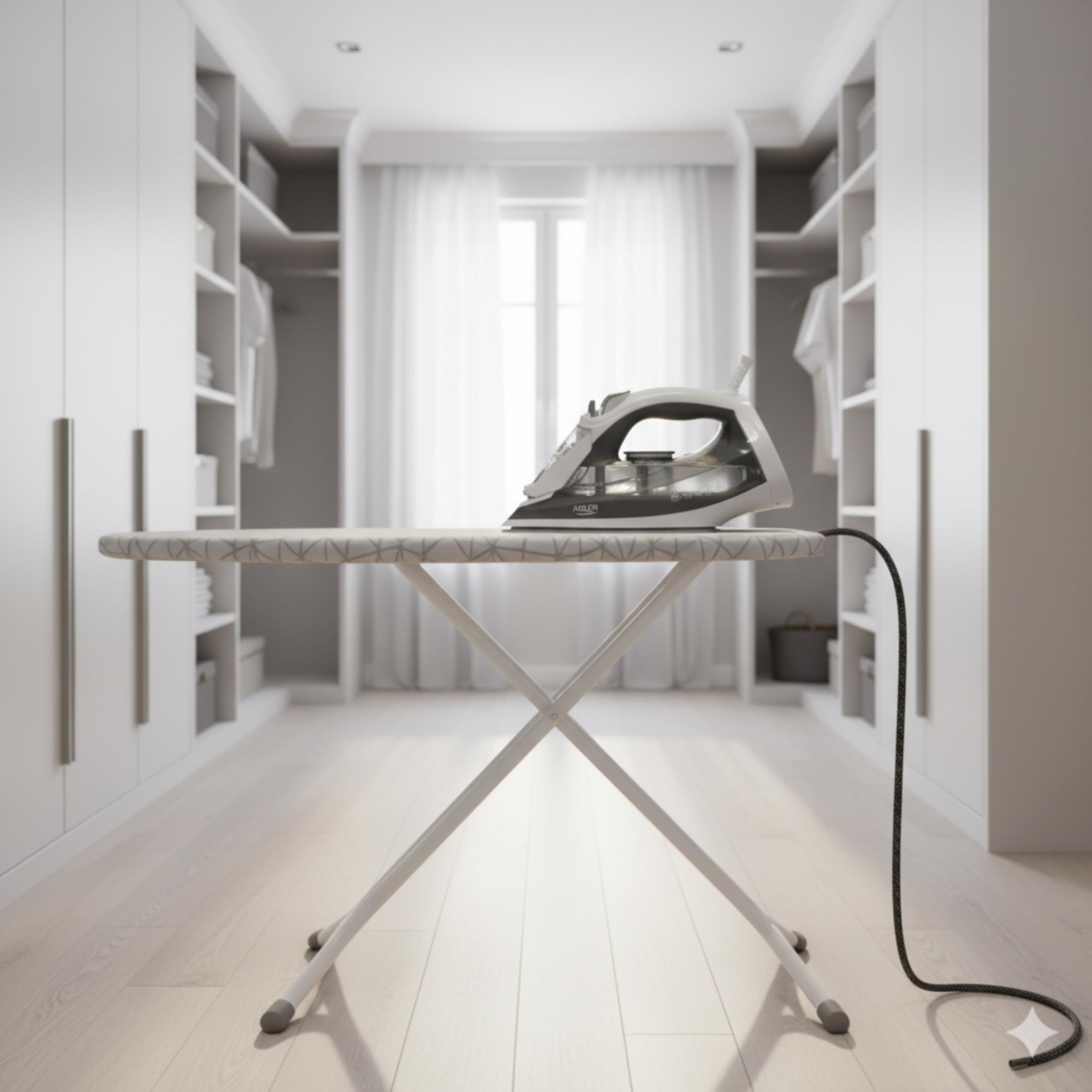 Schemat techniczny żelazka Adler AD 5051 z wymiarami i głównymi cechami, takimi jak moc i pojemność zbiornika.