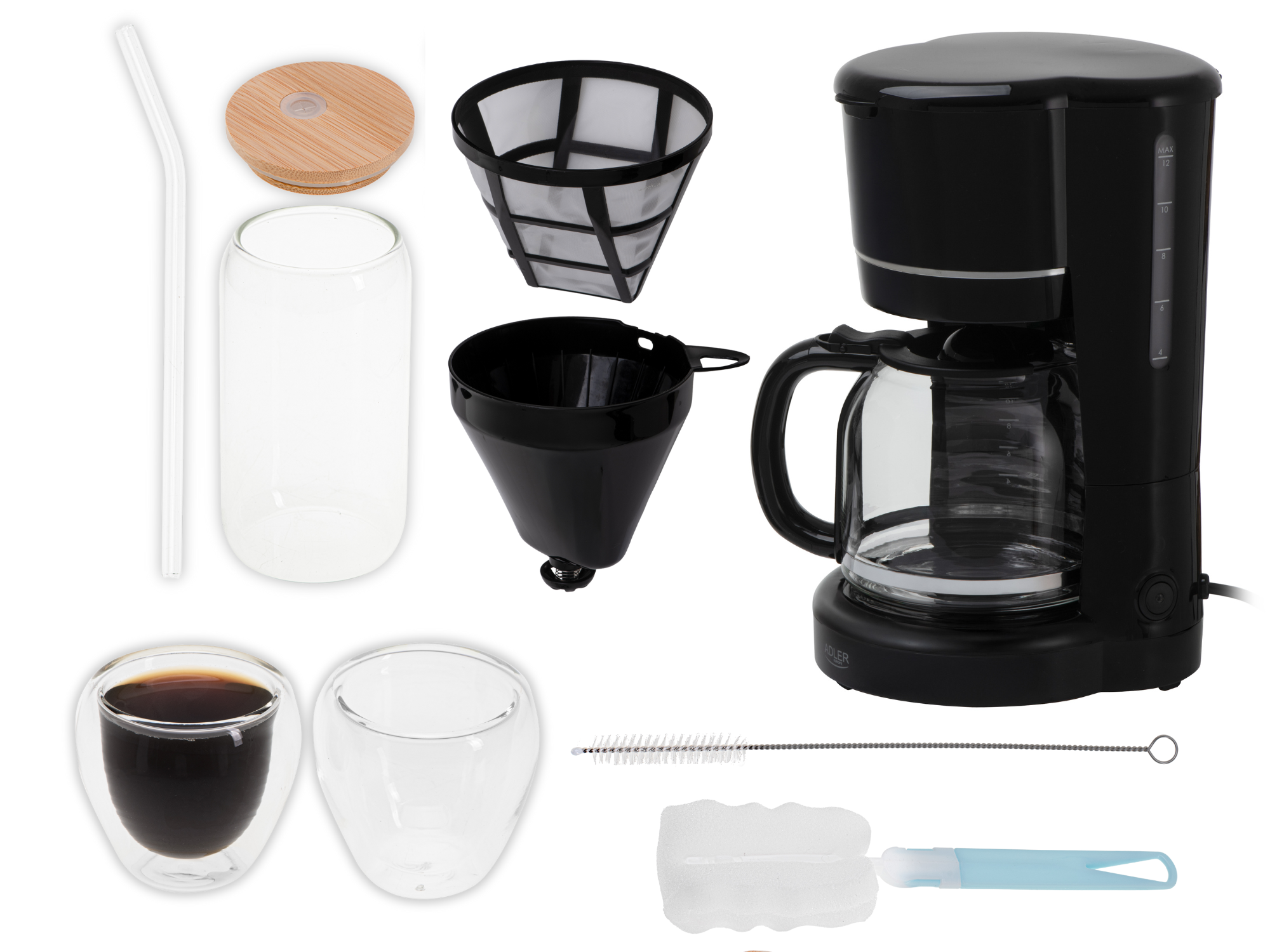 Ikony przedstawiające ekspres, dzbanek, filtr, filiżanki i kubek, symbolizujące zawartość zestawu.