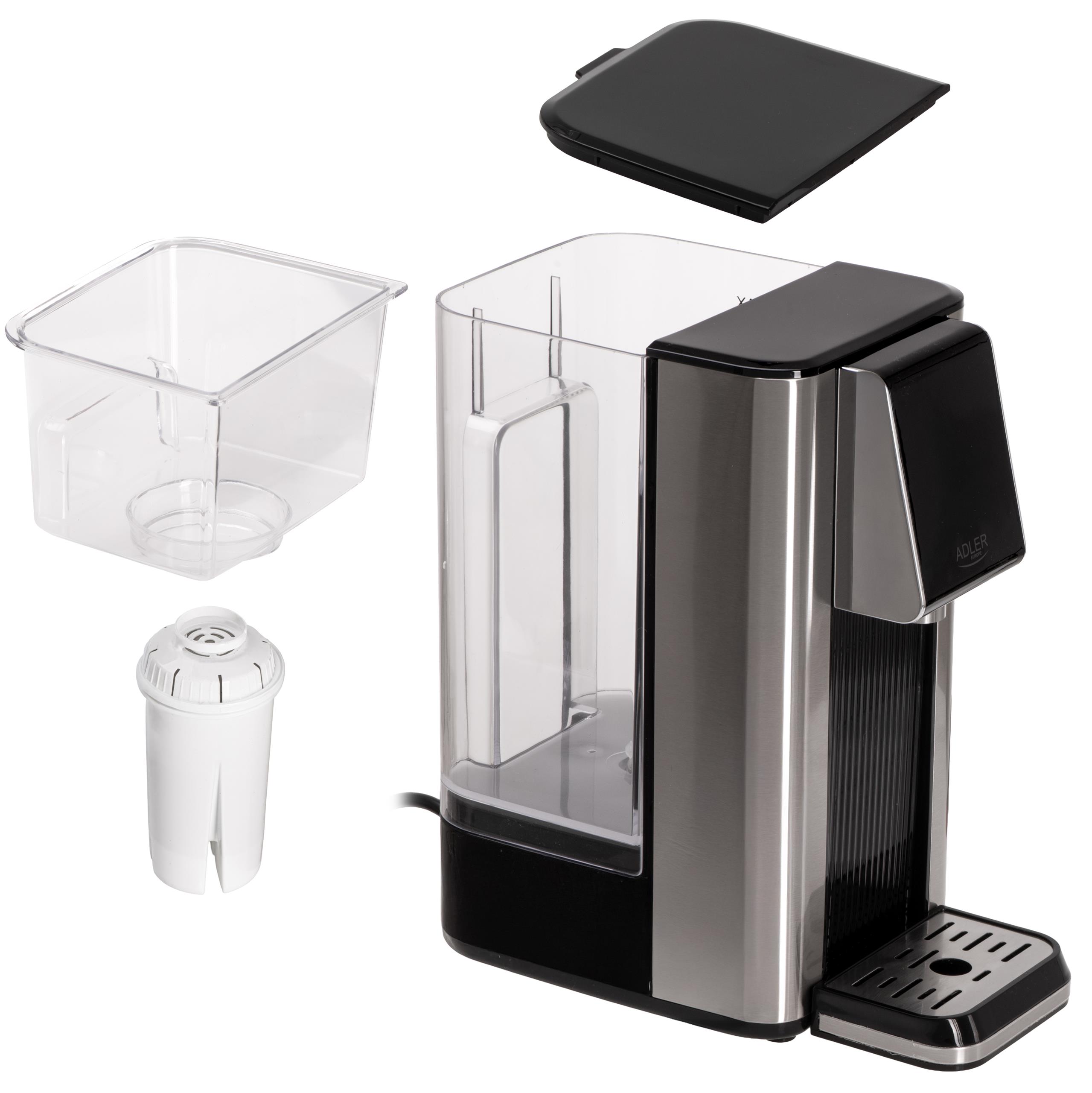 Zbliżenie na intuicyjny panel dotykowy dozownika gorącej wody z wyświetlaczem LCD, pokazującym wybrane ustawienia.