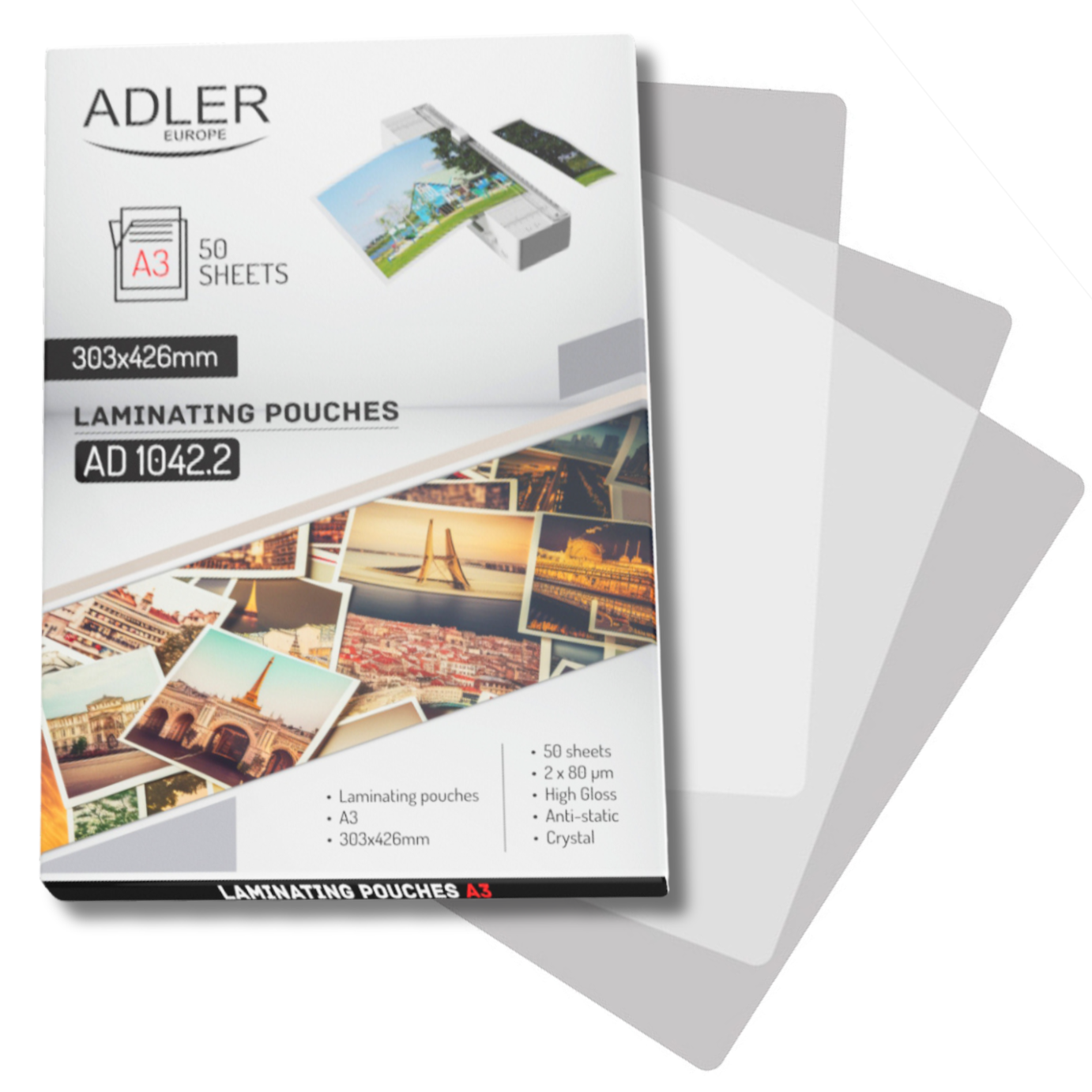Opakowanie folii do laminowania A3 Adler AD 1042.2, prezentujące specyfikację produktu
