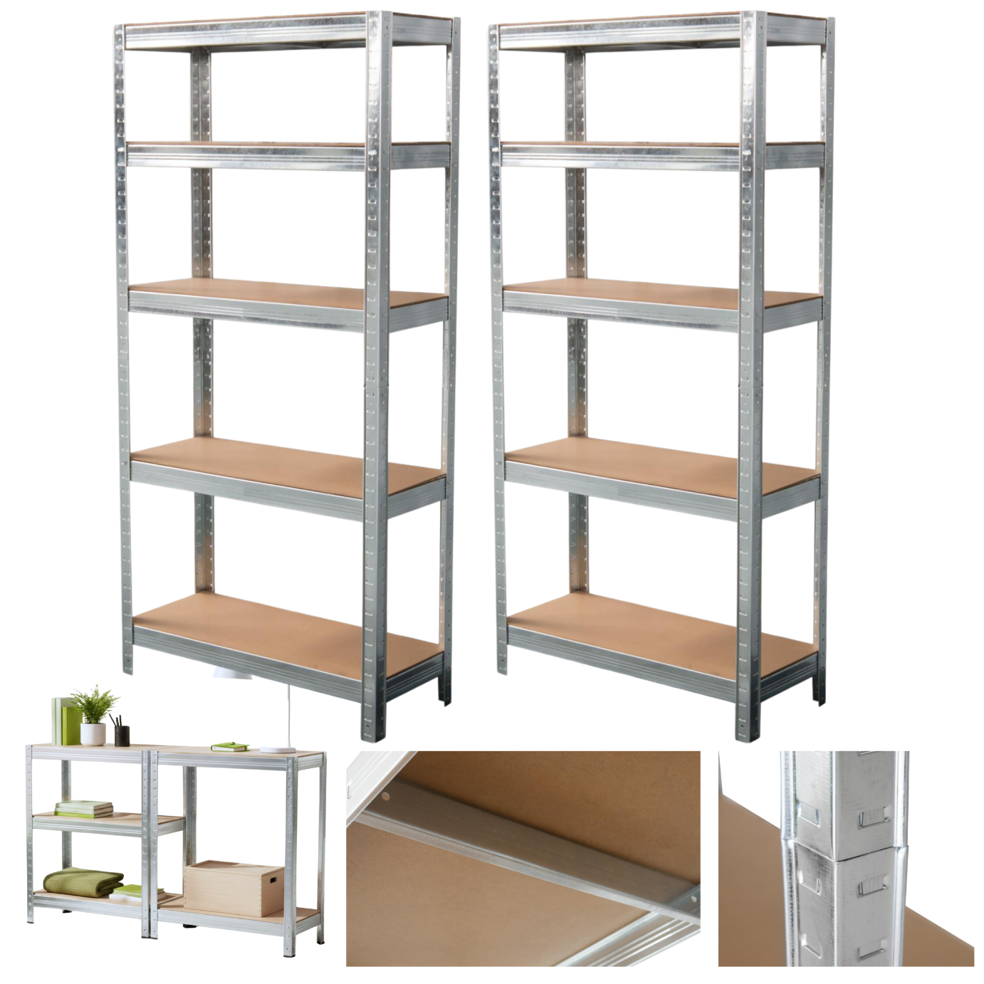 Regał magazynowy z zaznaczonymi miejscami montażu półek, ilustrujący możliwość regulacji wysokości półek.