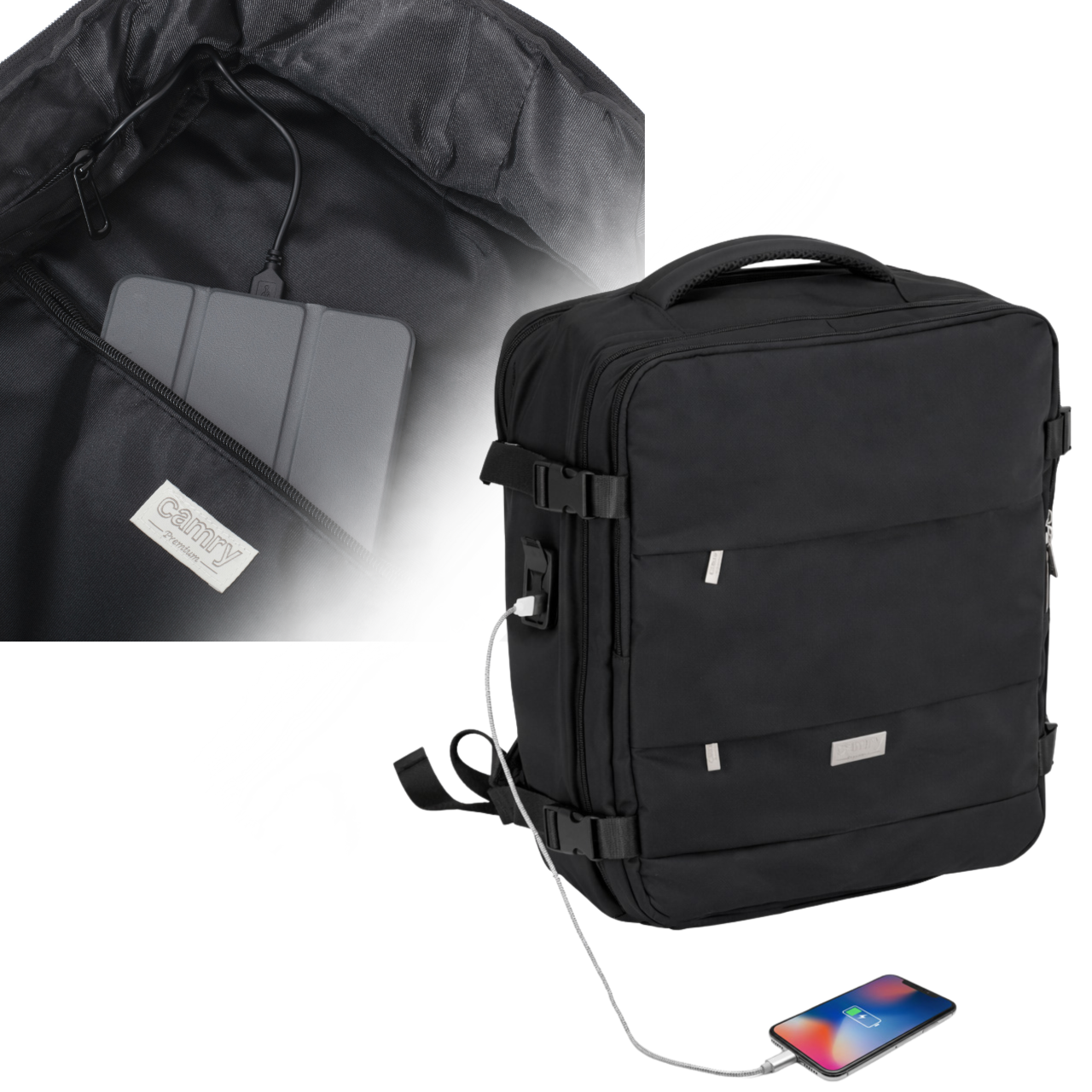 Plecak Adler CR 6880 z podłączonym smartfonem do portu USB i wnętrzem zorganizowanym na dokumenty i akcesoria.