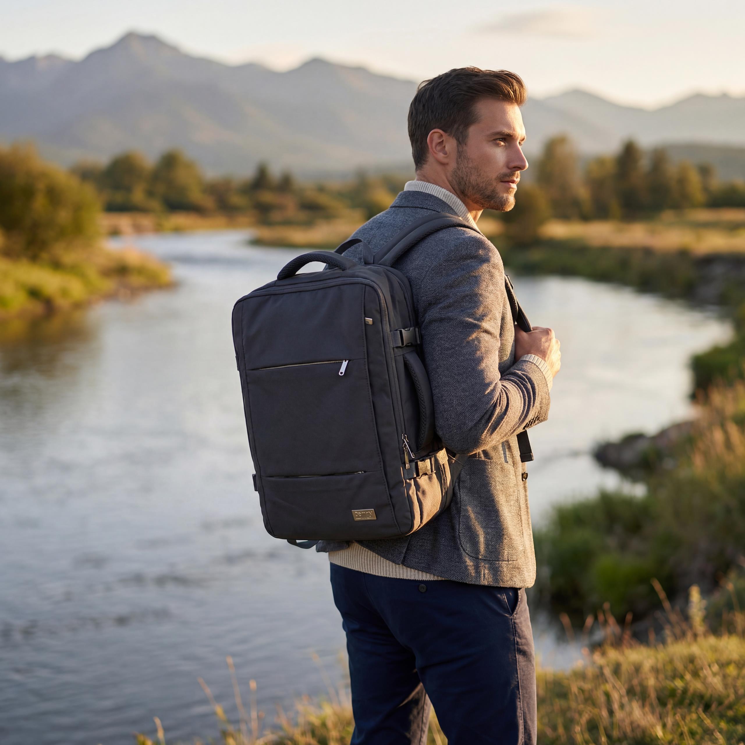 Dynamiczne ujęcie osoby z plecakiem Camry CR 6881 Dark Grey w ruchu na tle malowniczych górskich krajobrazów, symbolizujące gotowość do przygody i podróży.