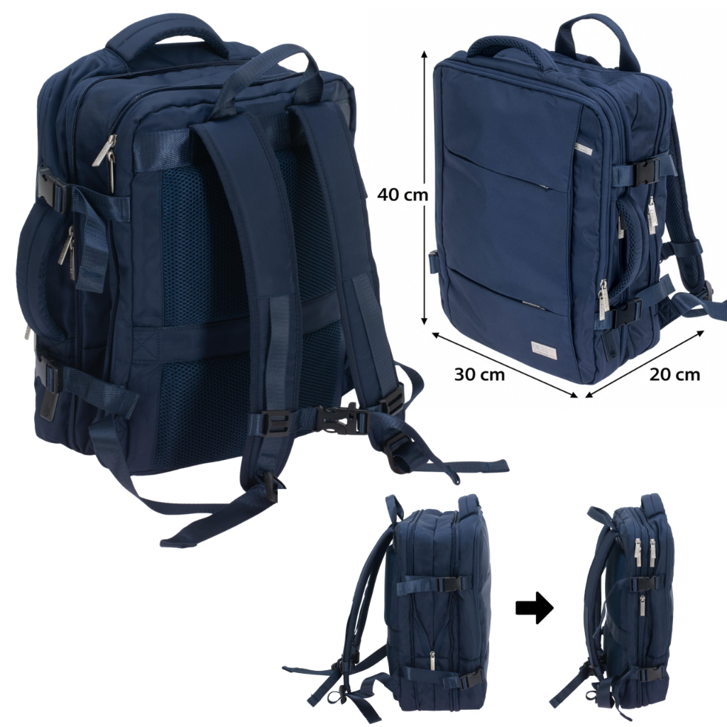 Osoba z plecakiem Camry CR 6881 na tle lotniska, gotowa do podróży