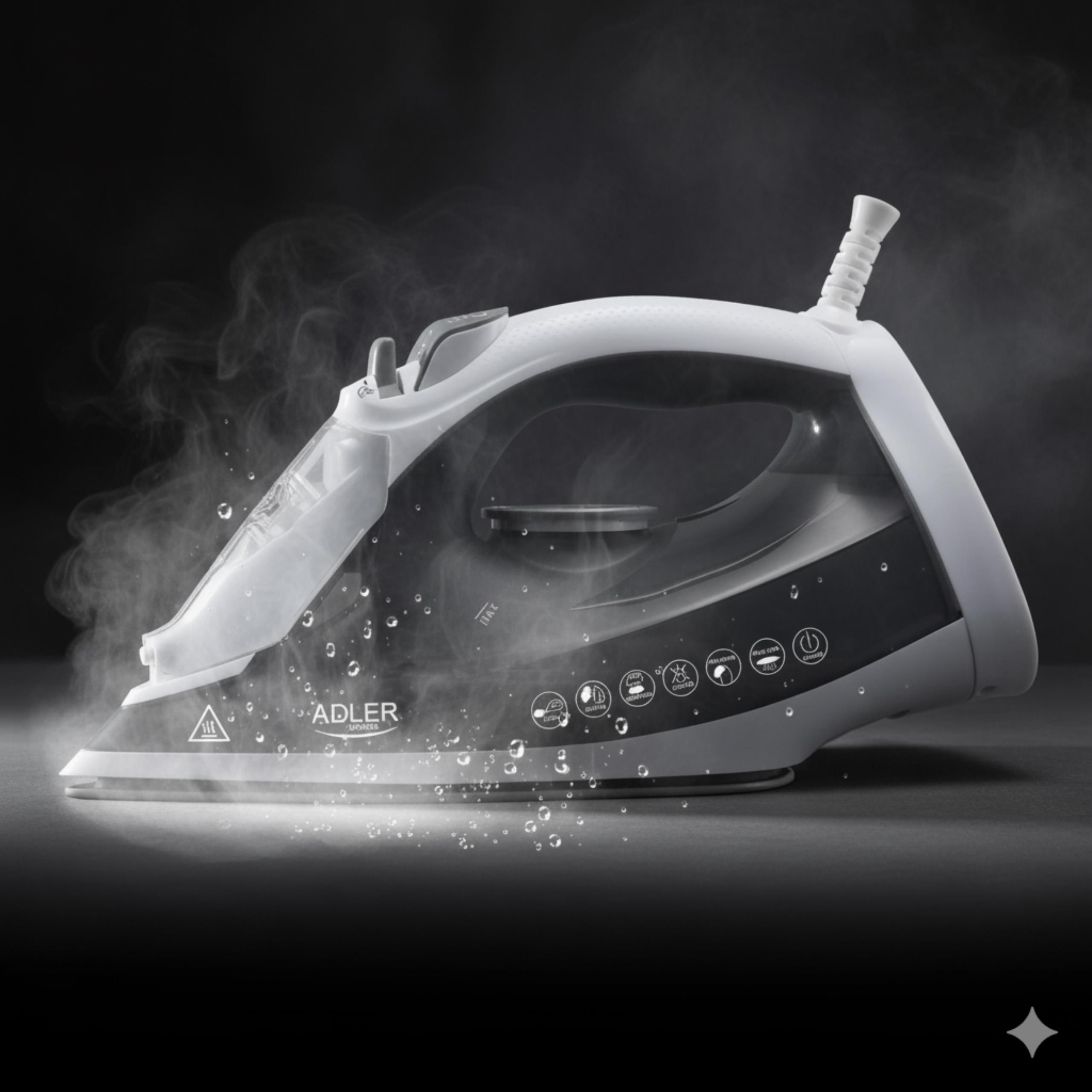 Żelazko Adler AD 5051 stojące w pozycji pionowej z ikoną bezpieczeństwa, symbolizującą funkcję automatycznego wyłączenia.