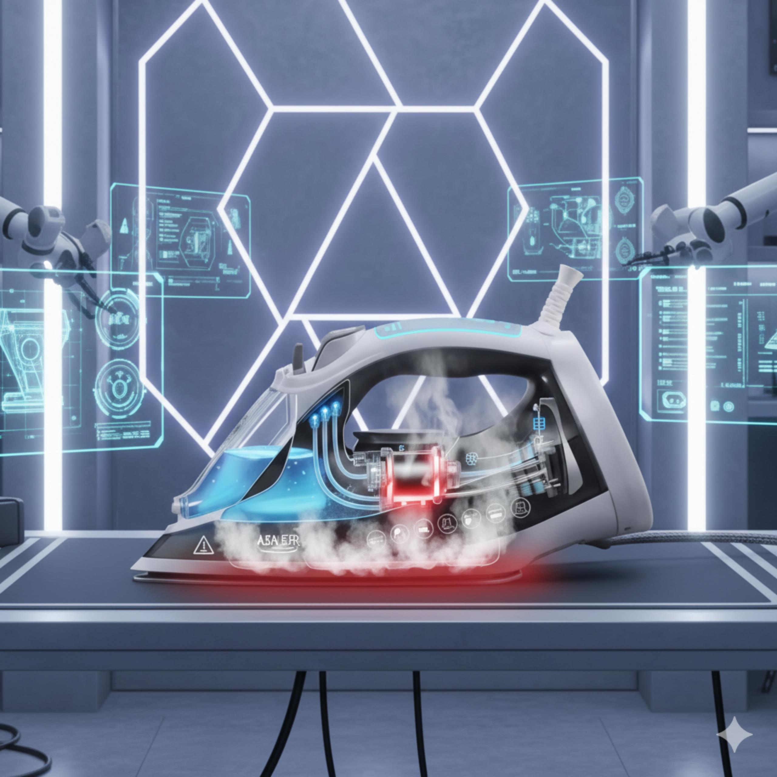 Ceramiczna stopa żelazka Adler AD 5051 z precyzyjną szpiczastą końcówką, ułatwiającą prasowanie trudno dostępnych miejsc.