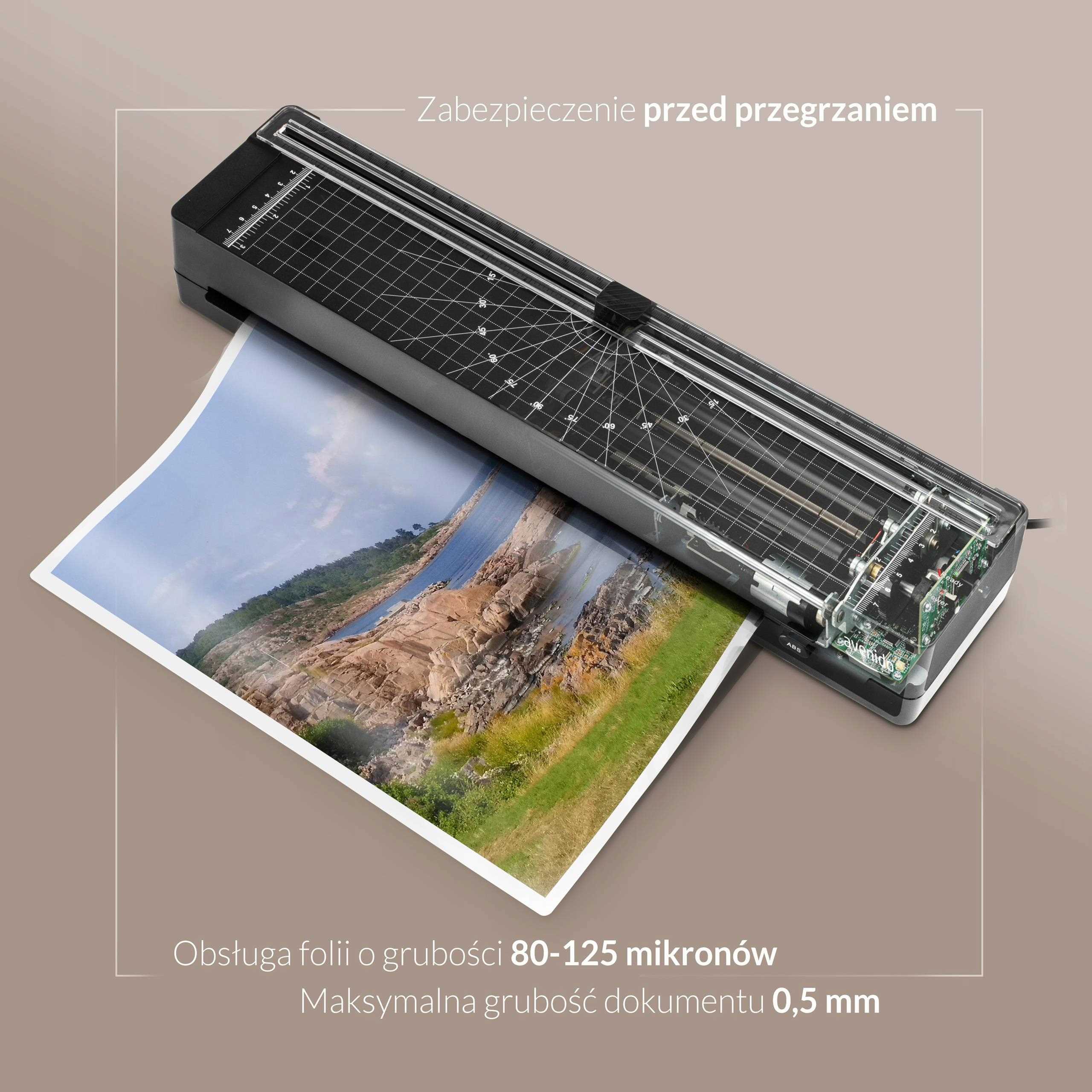Kolaż zdjęć prezentujący różne zastosowania laminatora Avenido AV1043b w domu i biurze.