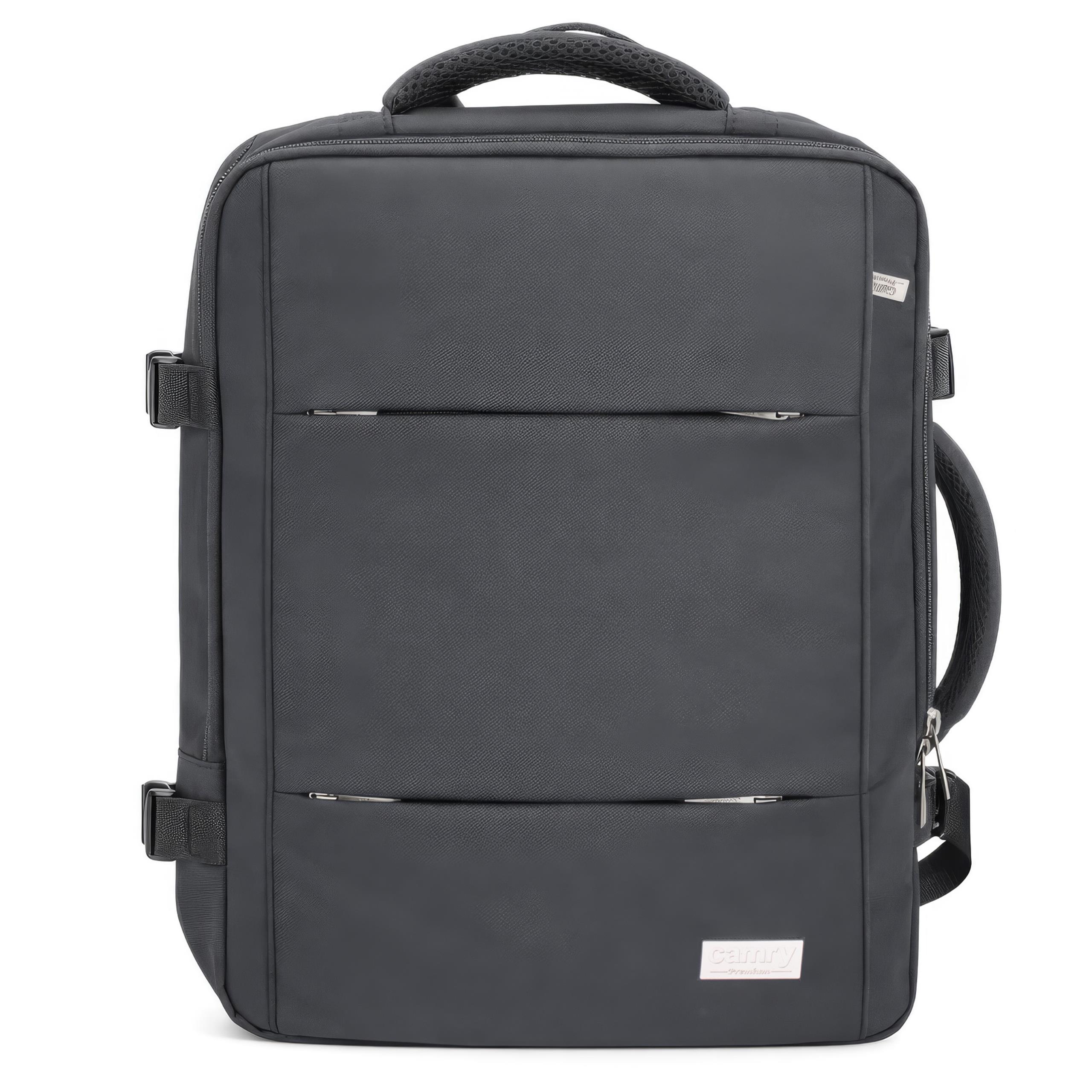 Zawartość zestawu plecaka Camry CR 6881 Dark Grey: plecak, transparentna kosmetyczka i smycz na klucze, ułożone obok siebie.