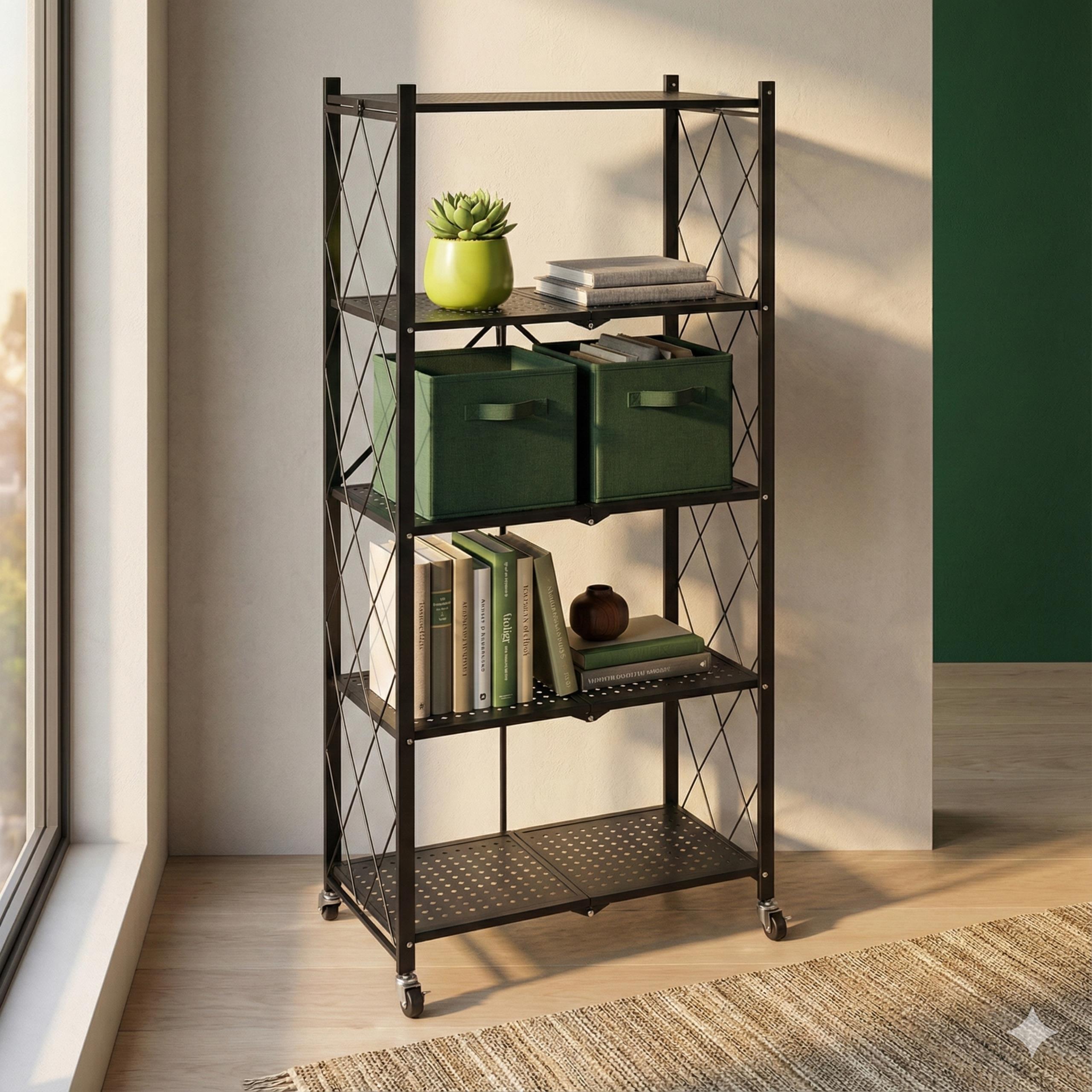 Składany regał magazynowy w jasnej spiżarni, wypełniony słoikami, puszami i innymi zapasami żywności.