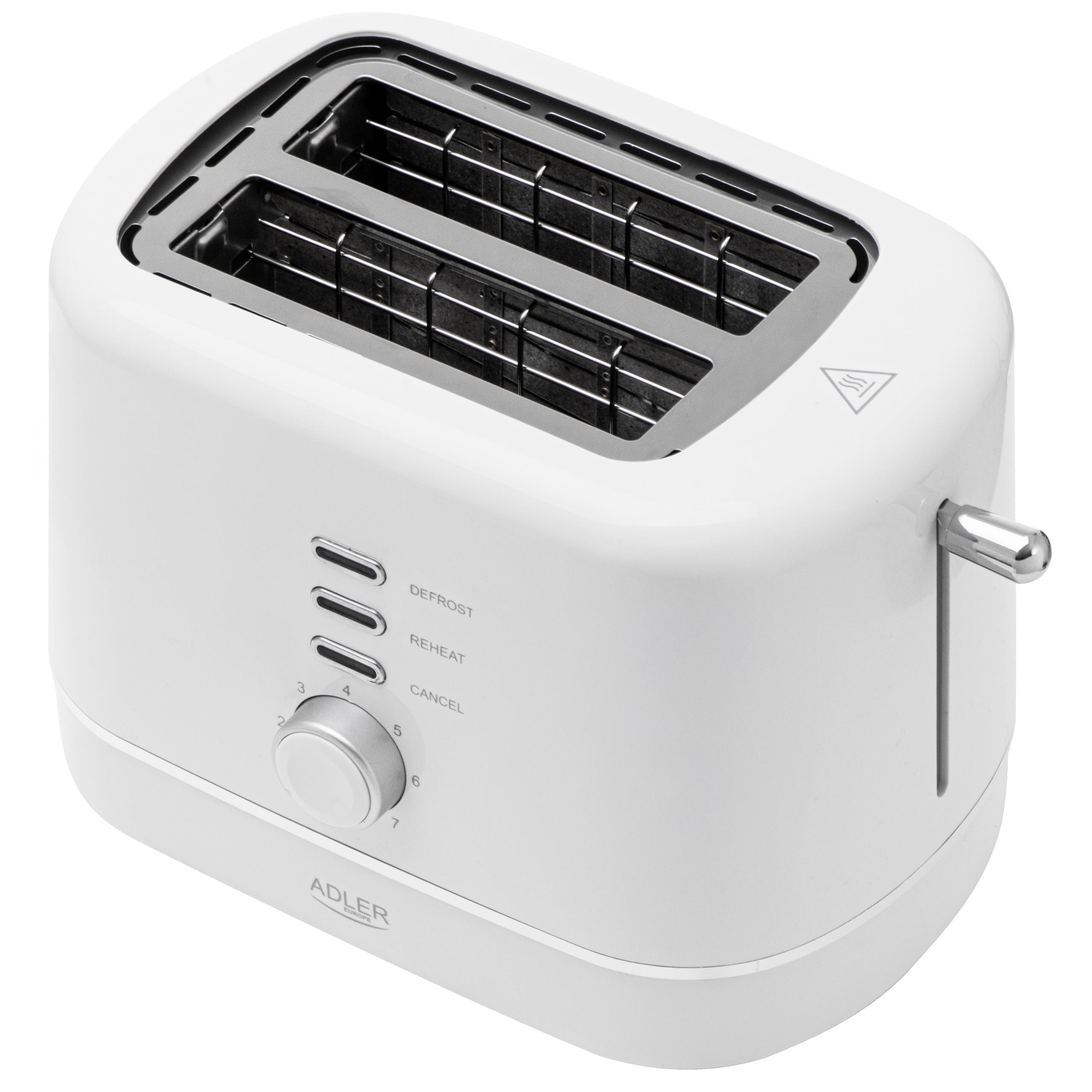 Wnętrze tostera Adler AD 3224, pokazujące dwa otwory na kromki chleba i wysuwaną tackę na okruchy