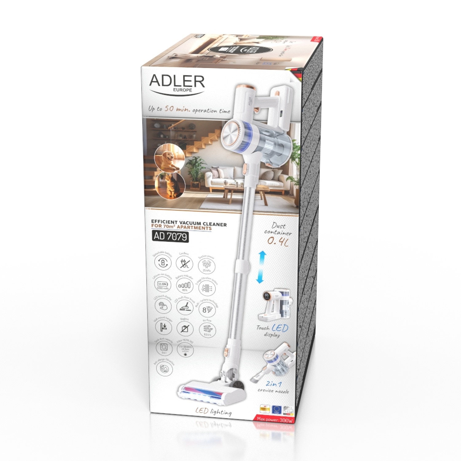 Odkurzacz pionowy Adler AD 7079 - panel LED i tryby pracy