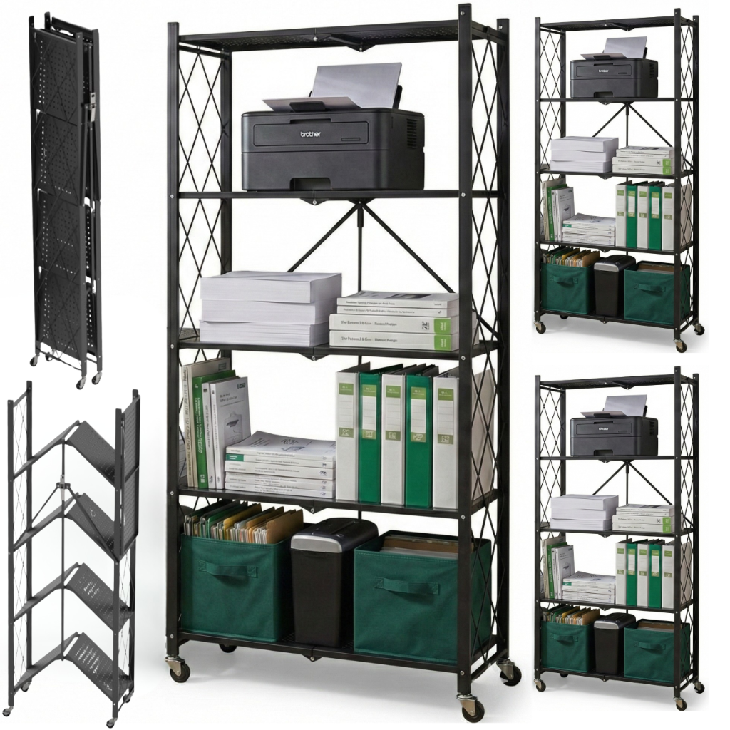 Składany regał magazynowy z dokumentami, segregatorami i drukarką, idealny do organizacji biura.