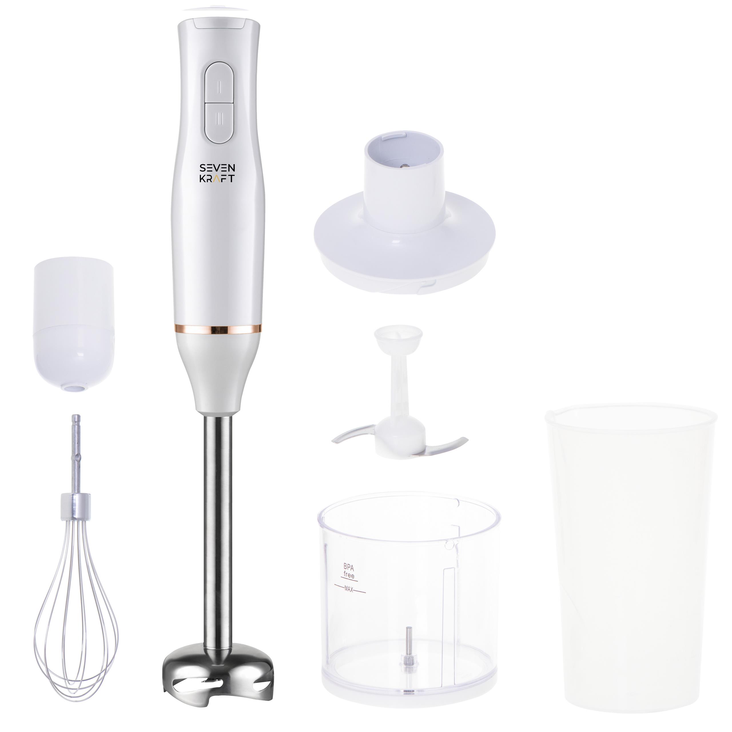 Zawartość opakowania blendera Sevenkraft SK 4632W: blender, rozdrabniacz, kubek, ubijaczka i instrukcja