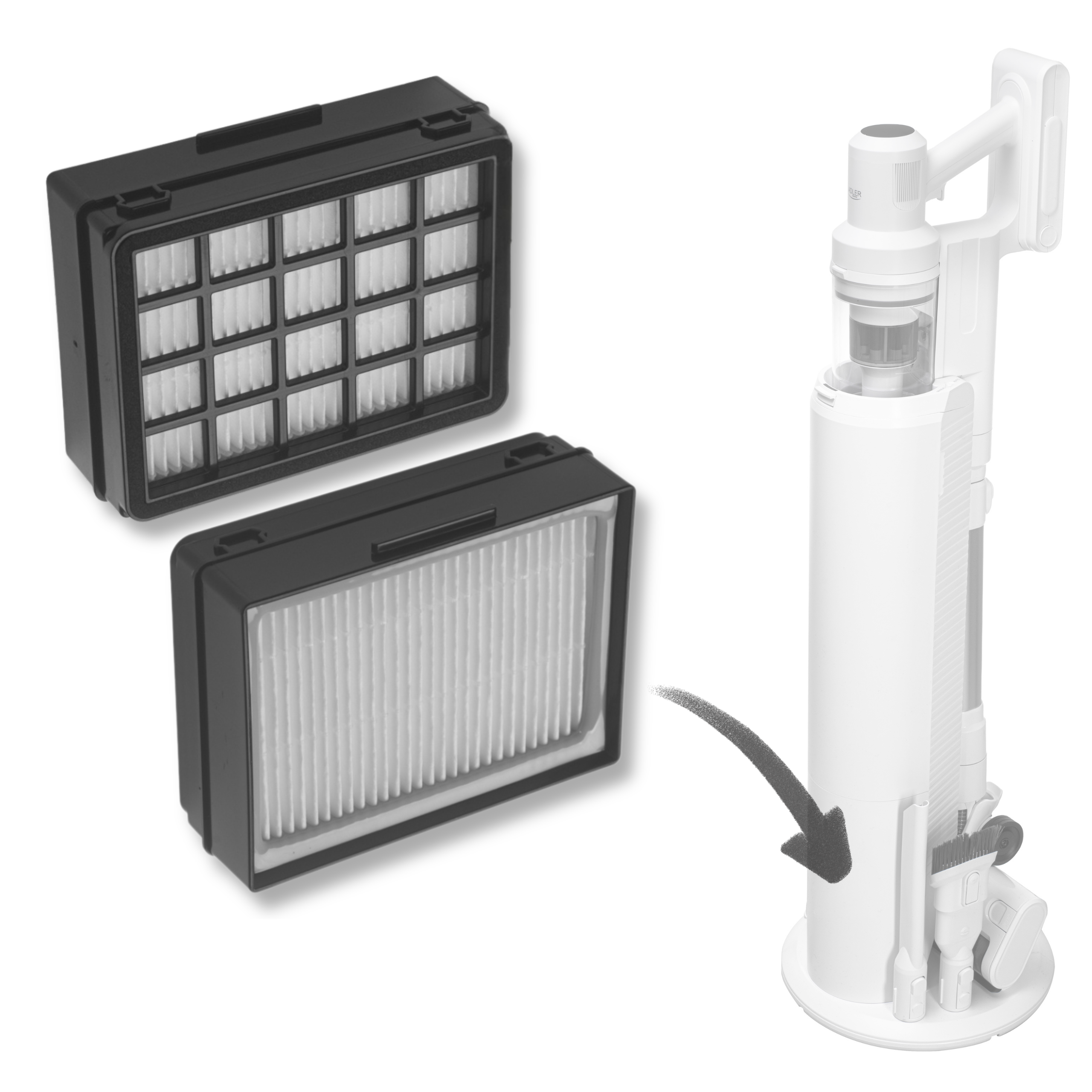 Zbliżenie na pojedynczy filtr HEPA Adler AD 7087.2, ukazujące strukturę materiału filtrującego i etykietę produktu.