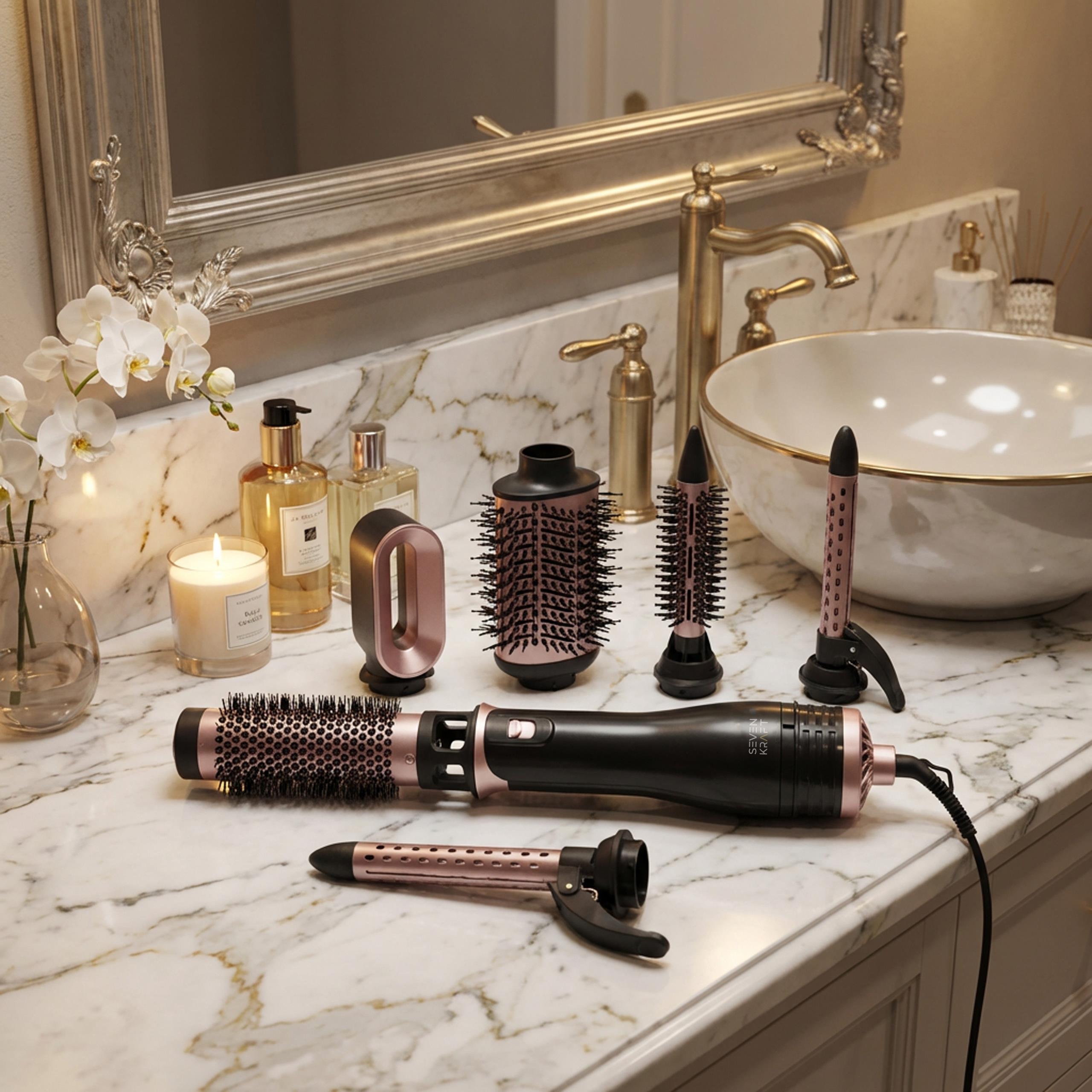 Cały zestaw lokówko-suszarki Adler SK 2029 z korpusem i wszystkimi pięcioma końcówkami na białym tle