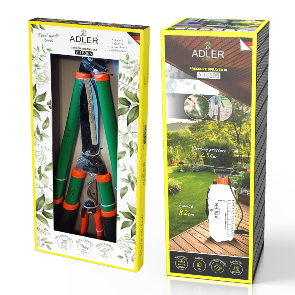 Zestaw narzędzi ogrodniczych Adler: sekatory i opryskiwacz, grafika informacyjna.
