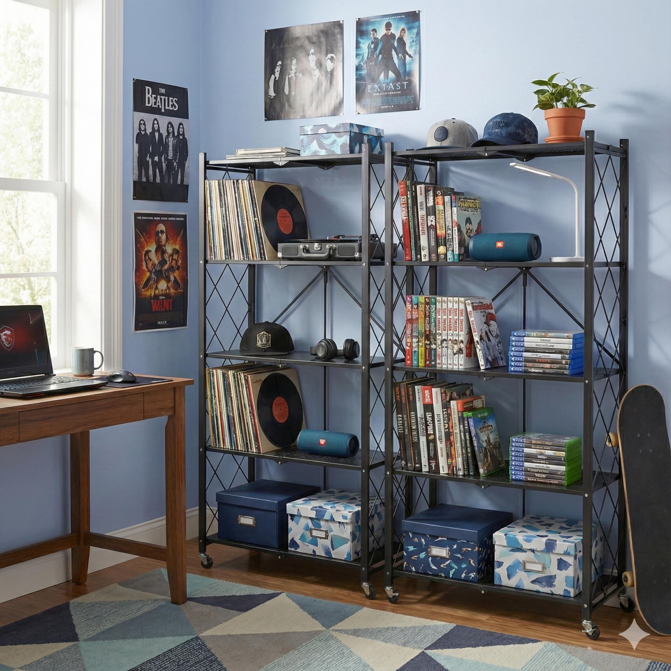 Zbliżenie na perforowane, przewiewne półki składanego regału magazynowego, ułatwiające czyszczenie i wentylację.