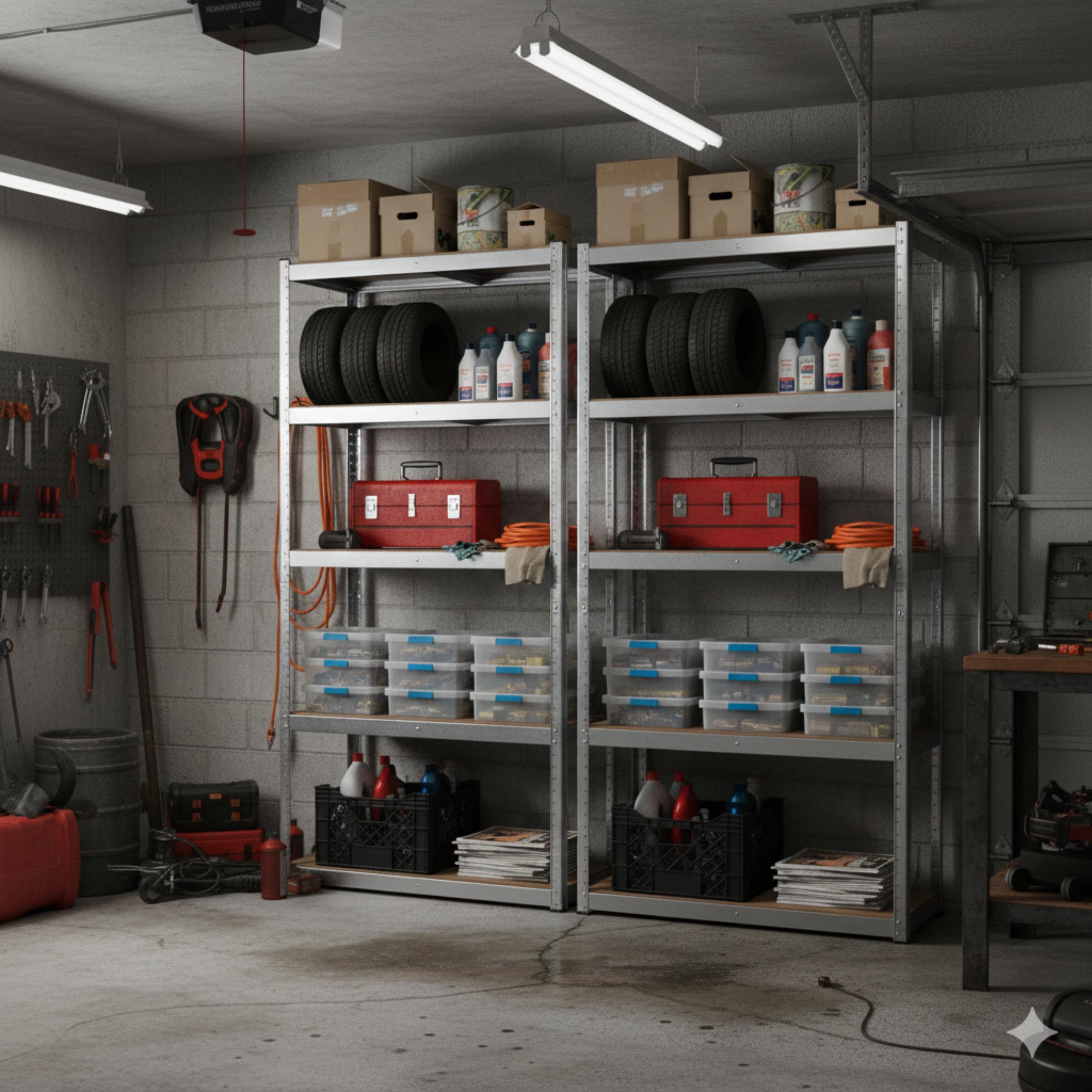 Uporządkowany garaż z metalowym regałem magazynowym Avenido AV 6816, na którym znajdują się narzędzia, skrzynki i chemia samochodowa, symbolizujący efektywną organizację przestrzeni.