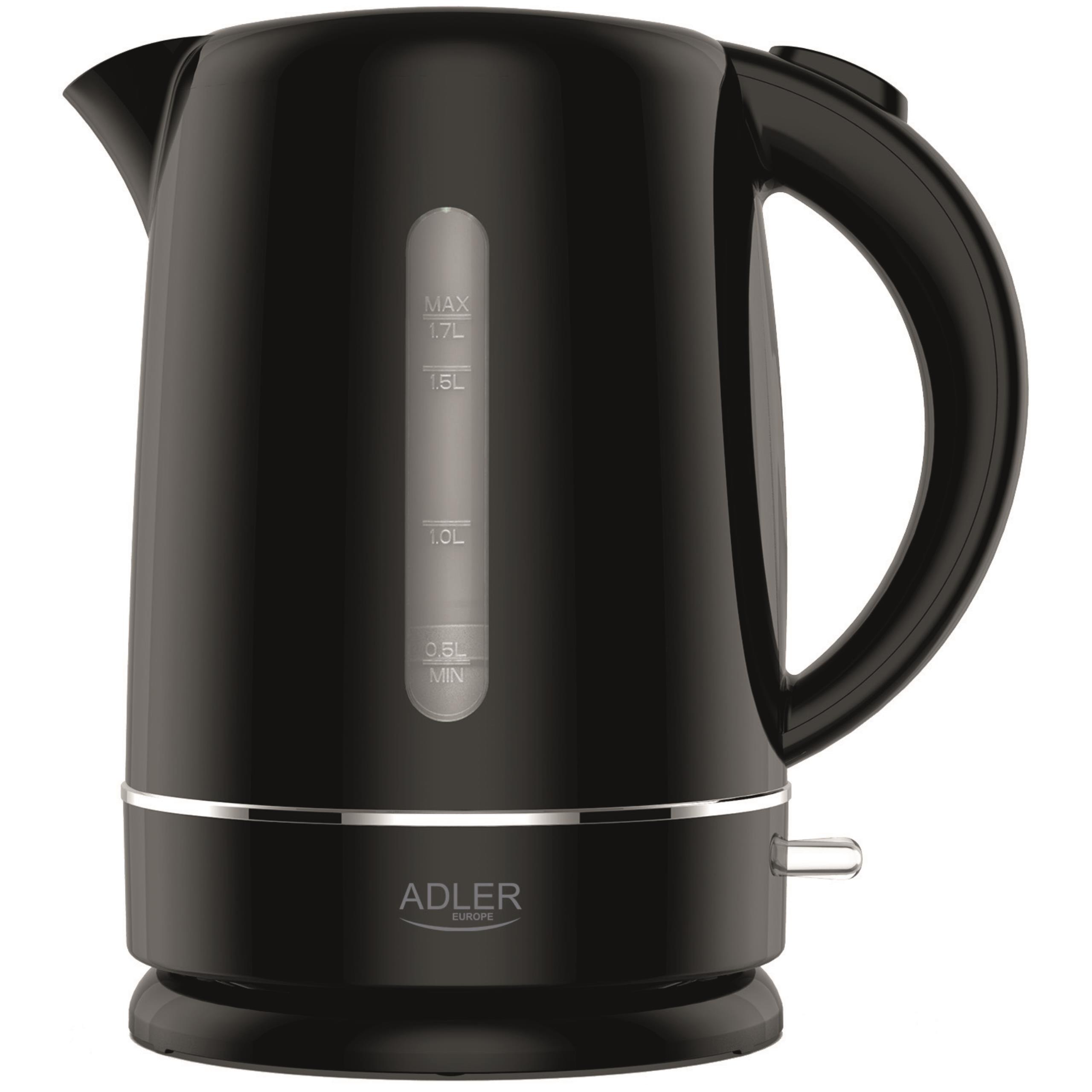 Czarny czajnik elektryczny Adler AD 1385 na kuchennym blacie, gotujący wodę