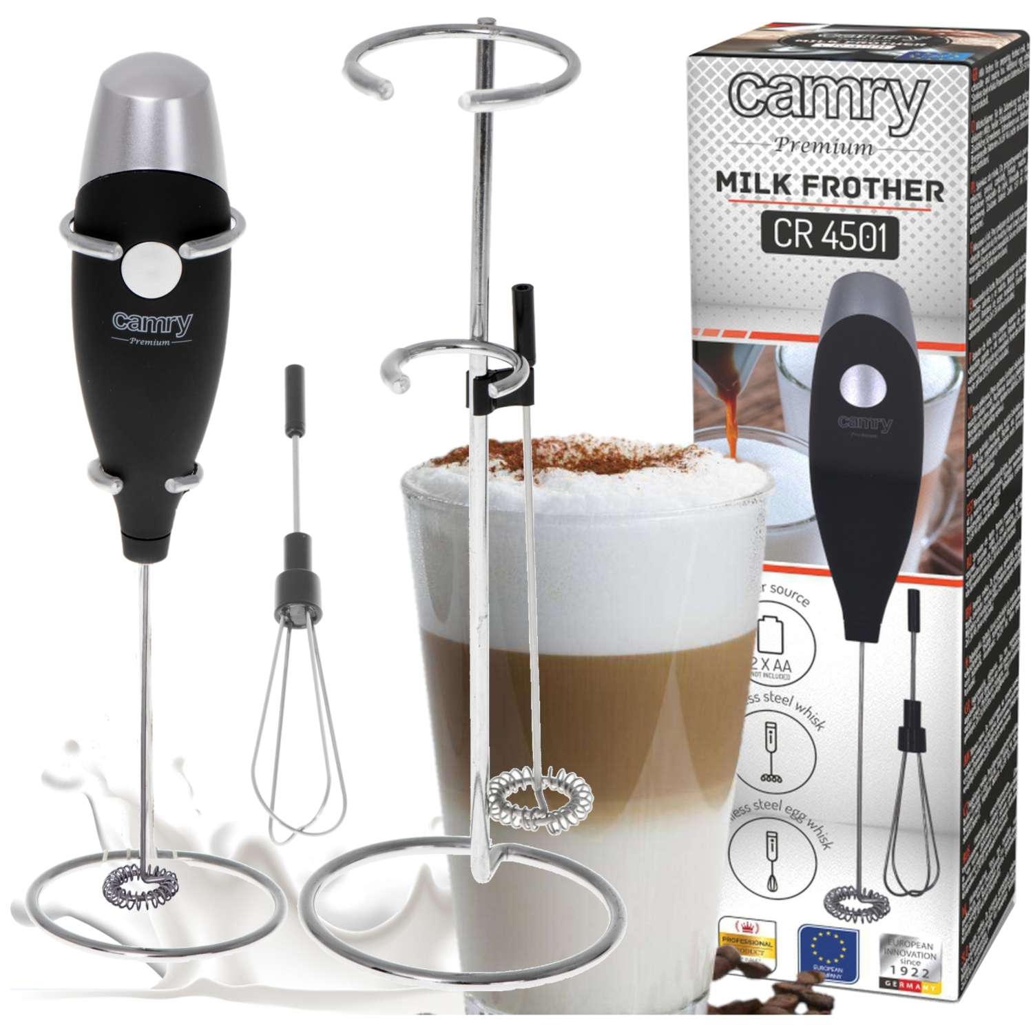 Zestaw Camry CR45011 zawierający spieniacz, mieszadło do jajek i stojak, przedstawiony jako pełen komplet.
