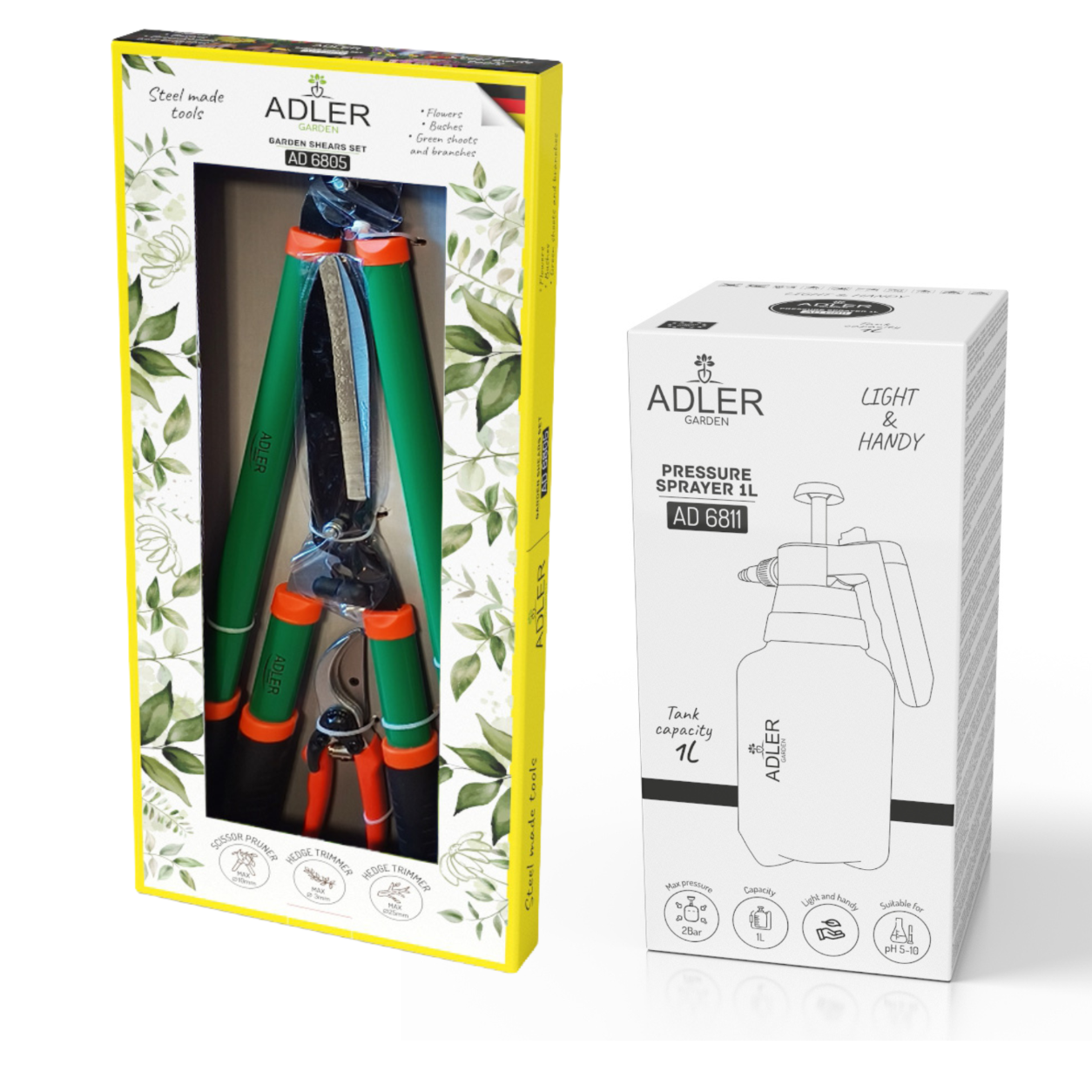 An illustrative graphic showing the four components of the gardening set: a small pruner, hedge shears, large loppers, and a pressure sprayer.