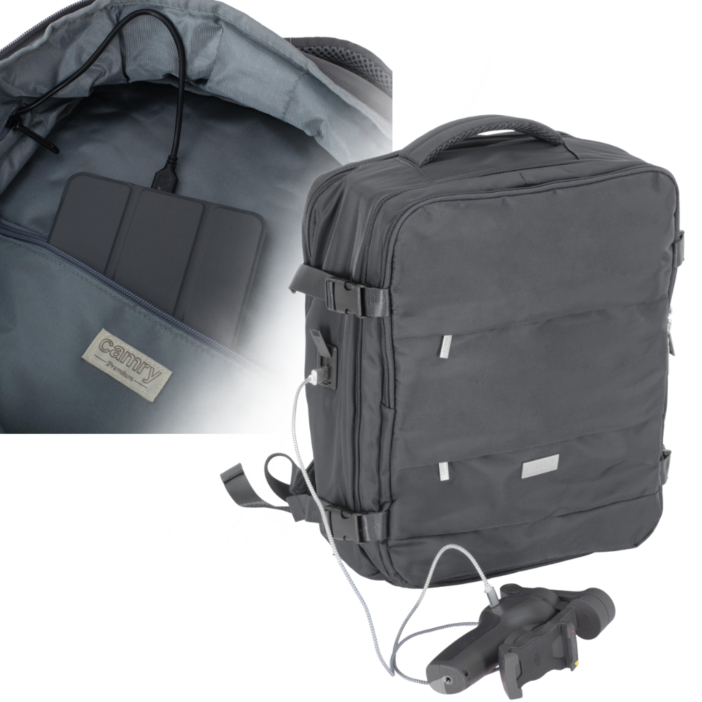 Plecak Camry CR 6880 dark grey – widok na zintegrowane porty USB-A i USB-C do ładowania urządzeń.