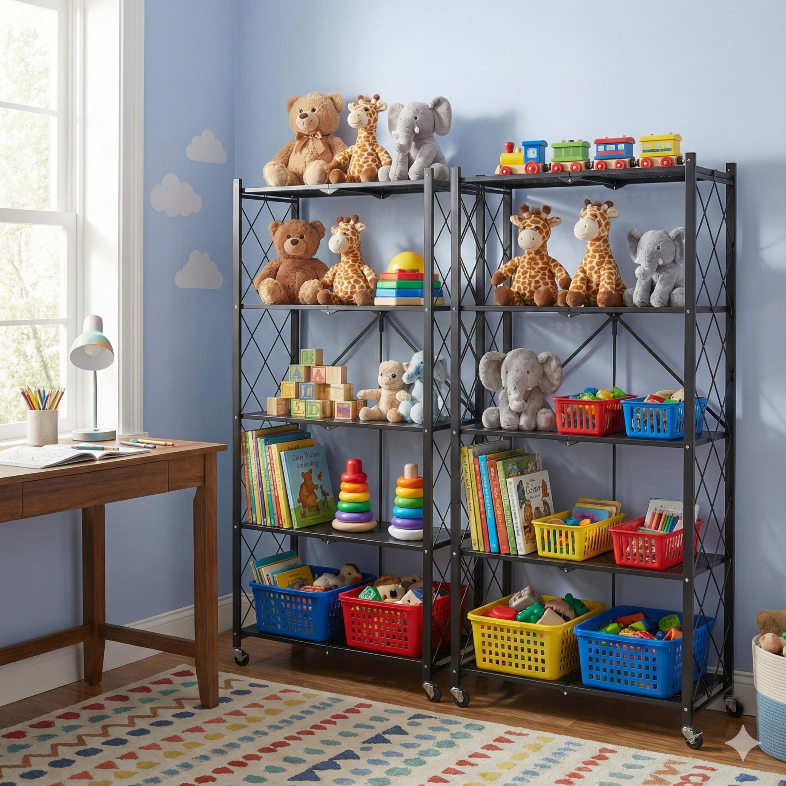 Użytkownik podnoszący górną, uchylną półkę składanego regału magazynowego, by uzyskać szybki dostęp do zawartości.