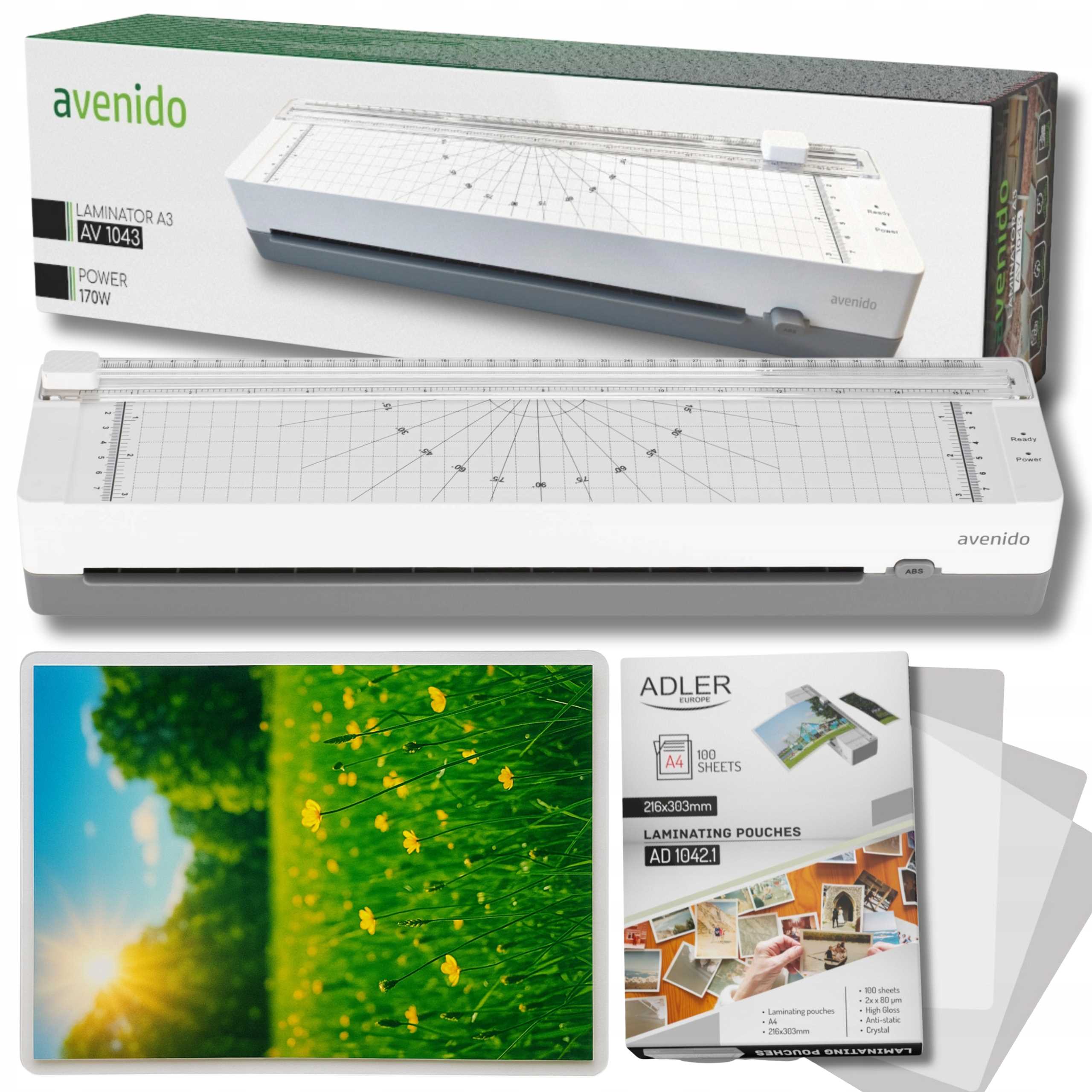 Laminator Avenido AV1043 z wbudowanym trymerem, widoczny panel sterowania i miejsce na folie.