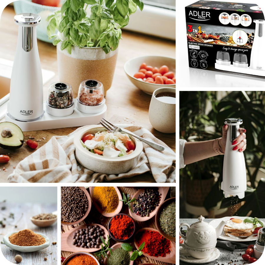 Zestaw 3 młynków do przypraw, soli i pieprzu ADLER - w kuchni