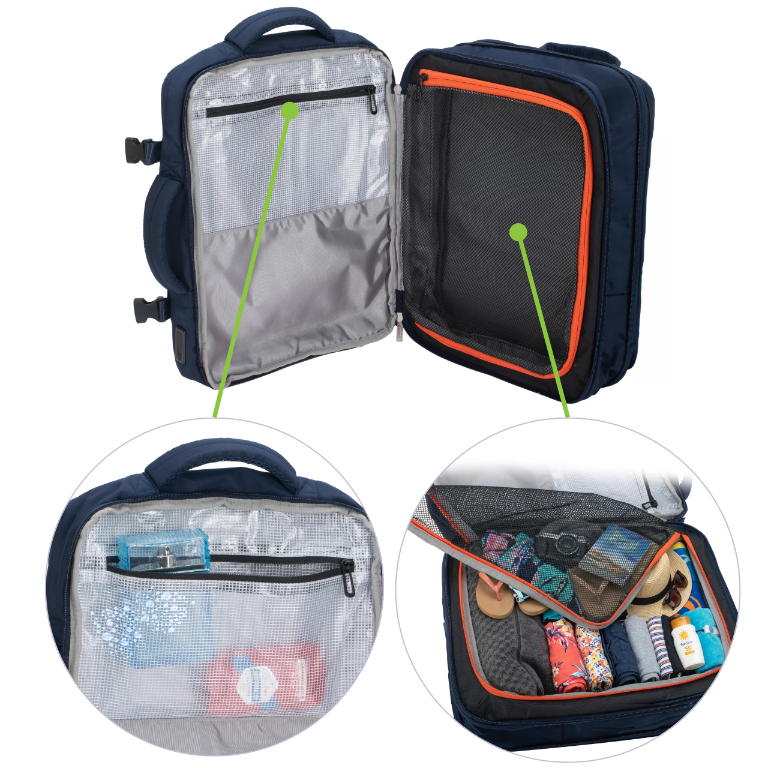 Otwarty plecak Camry CR 6881 rozłożony na płasko o 180 stopni, ukazujący przegródki i nieprzemakalną kieszeń