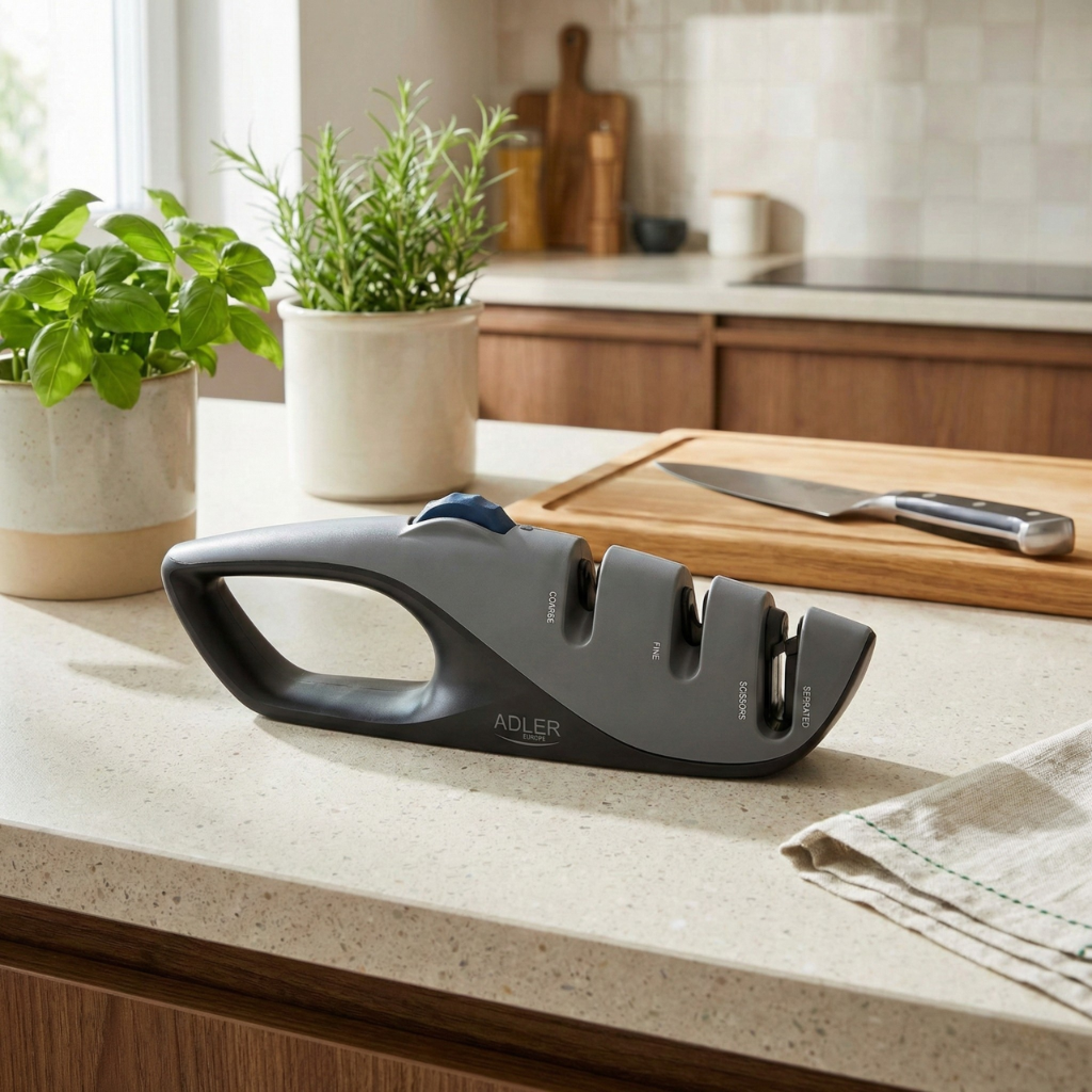 Ręka trzymająca ostrzałkę Adler AD 4531 w trakcie ostrzenia noża kuchennego, podkreślając bezpieczeństwo użytkowania