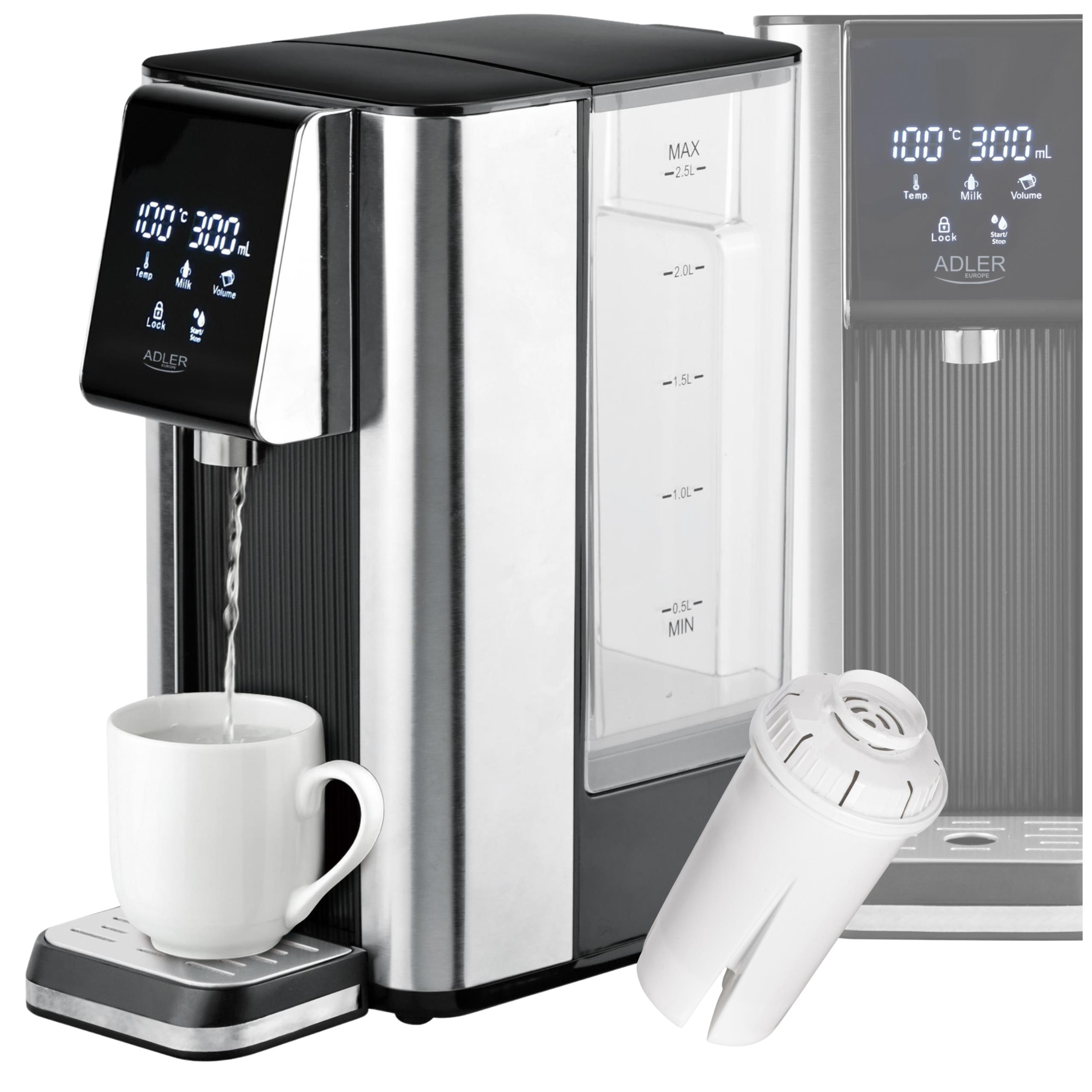 Nowoczesny dozownik gorącej wody z panelem dotykowym w eleganckiej, czarnej obudowie ze stali nierdzewnej, stojący na blacie kuchennym.