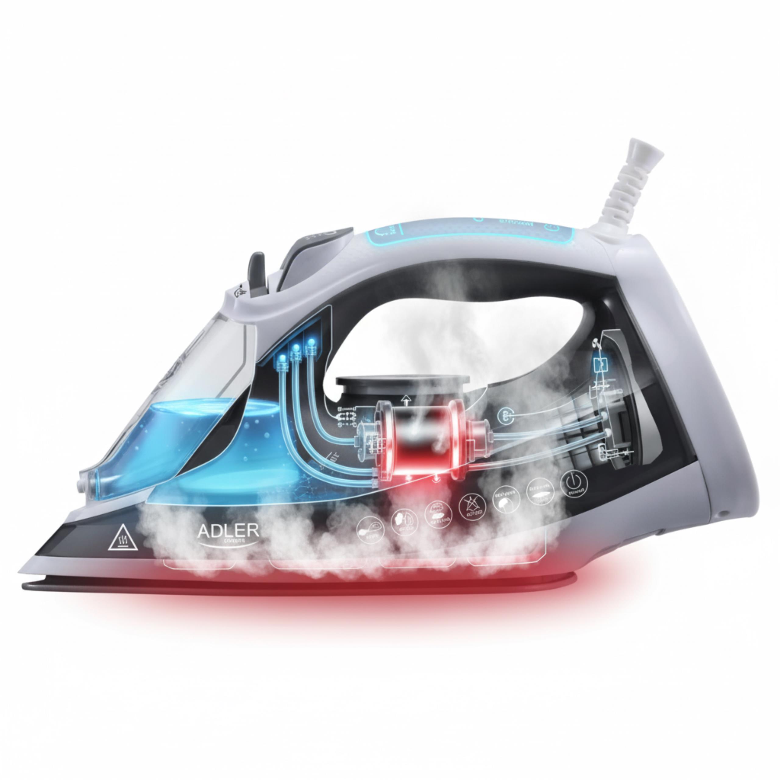 Kropla wody pod ceramiczną stopą żelazka Adler AD 5051, przekreślona, symbolizująca system blokady kapania.