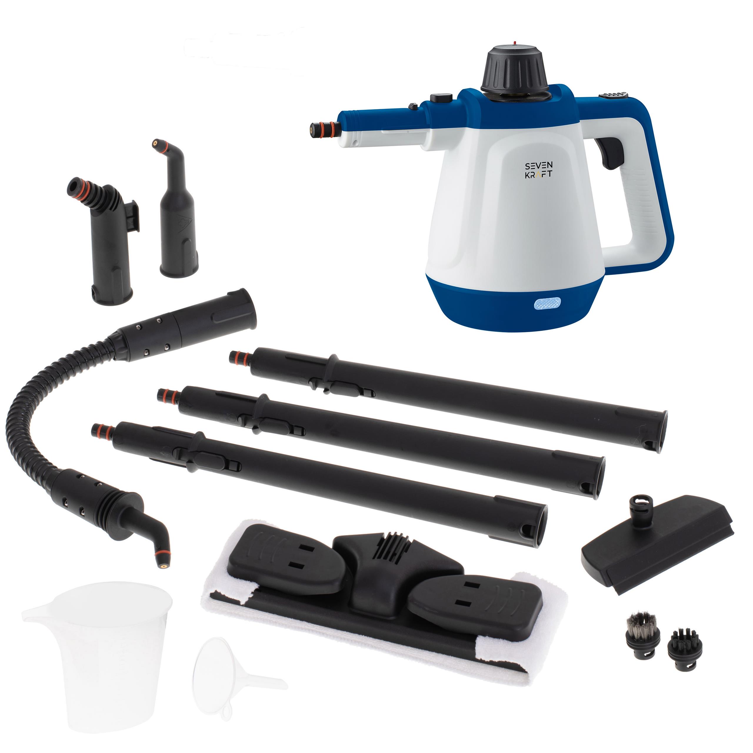 Myjka parowa  SevenKraft SK 7093B używana jako mop parowy na podłodze, z długim uchwytem.