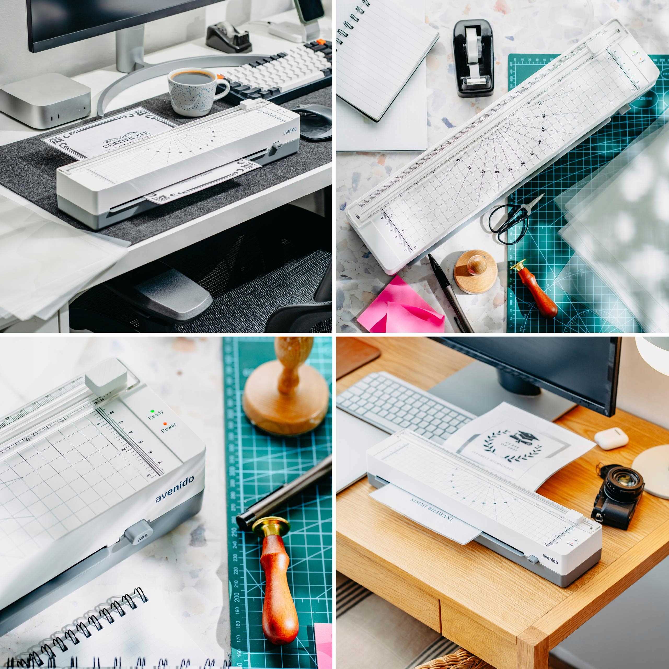 Graficzne przedstawienie funkcji laminatora Avenido AV1043, z wyszczególnionymi cechami jak format A3, laminacja na gorąco, prędkość i trymer.