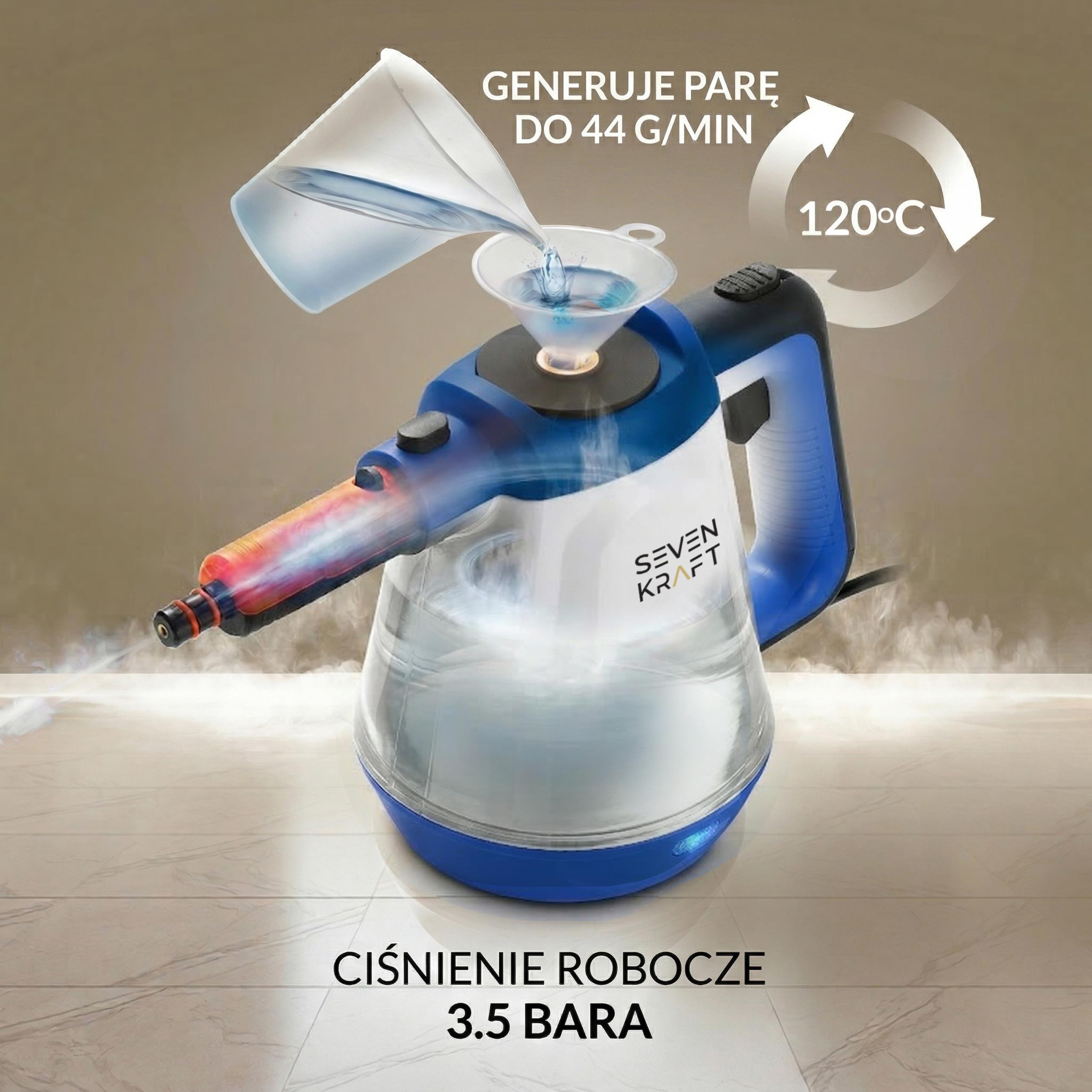 Osoba używająca myjki parowej  SevenKraft SK 7093B do czyszczenia w kuchni, kierująca strumień pary na blat.