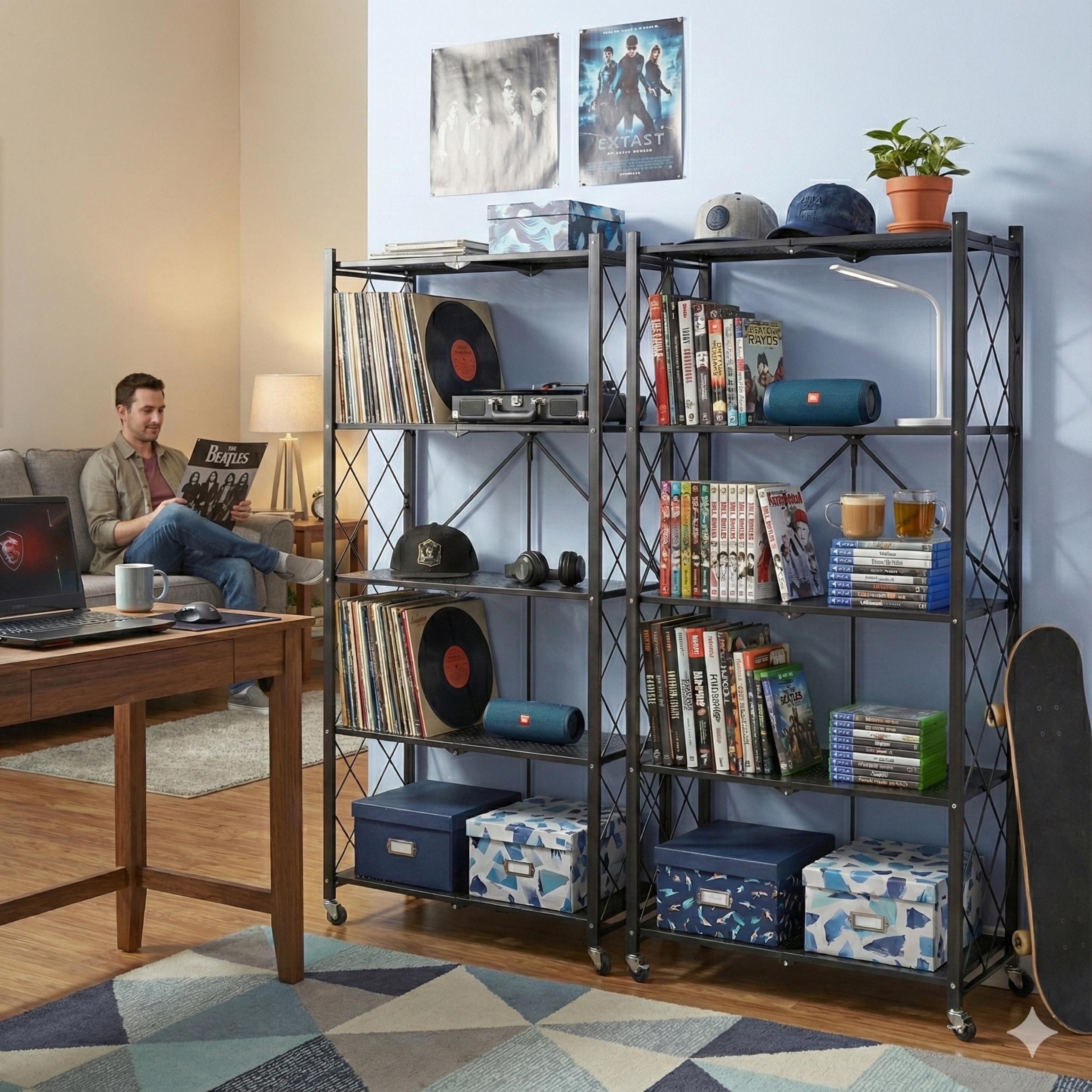 Składany regał magazynowy z książkami i roślinami, idealny do salonu w stylu loftowym, pokazujący jego uniwersalność.