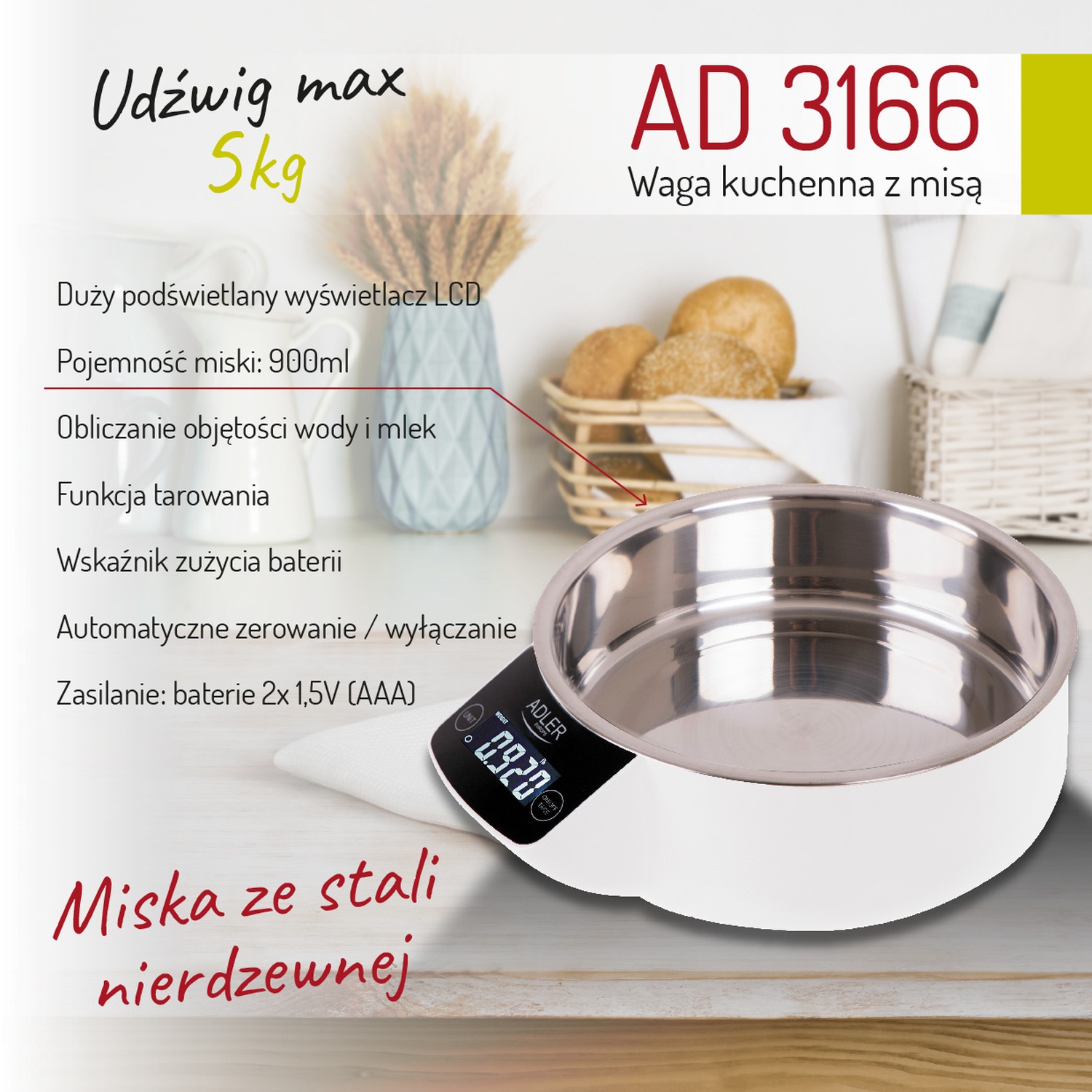 Waga kuchenna z misą Adler AD 3166 - detale i funkcje