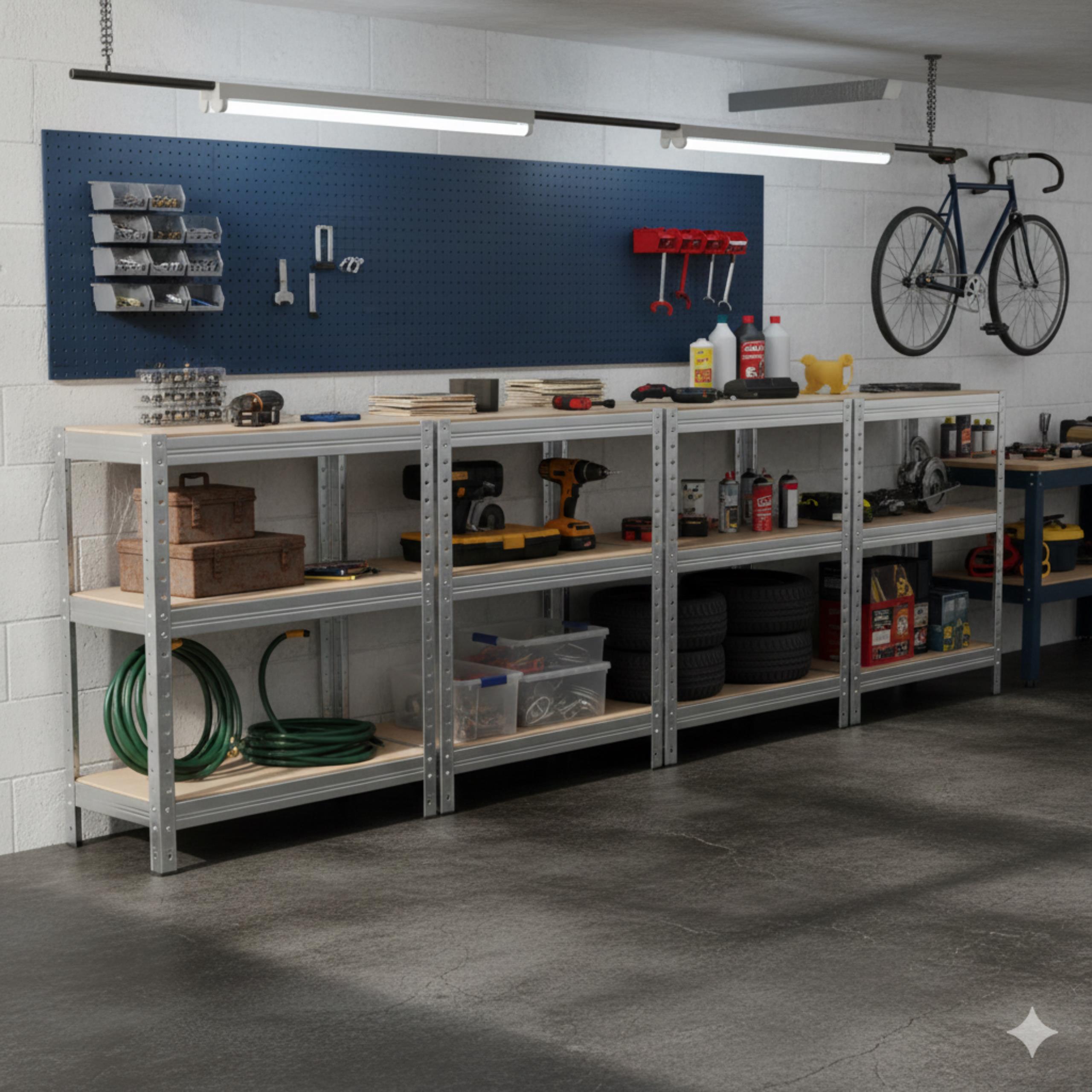 Metalowy regał magazynowy Avenido AV 6816 wypełniony pudełkami i towarami w magazynku małej firmy, pokazujący jego przydatność do przechowywania zapasów.