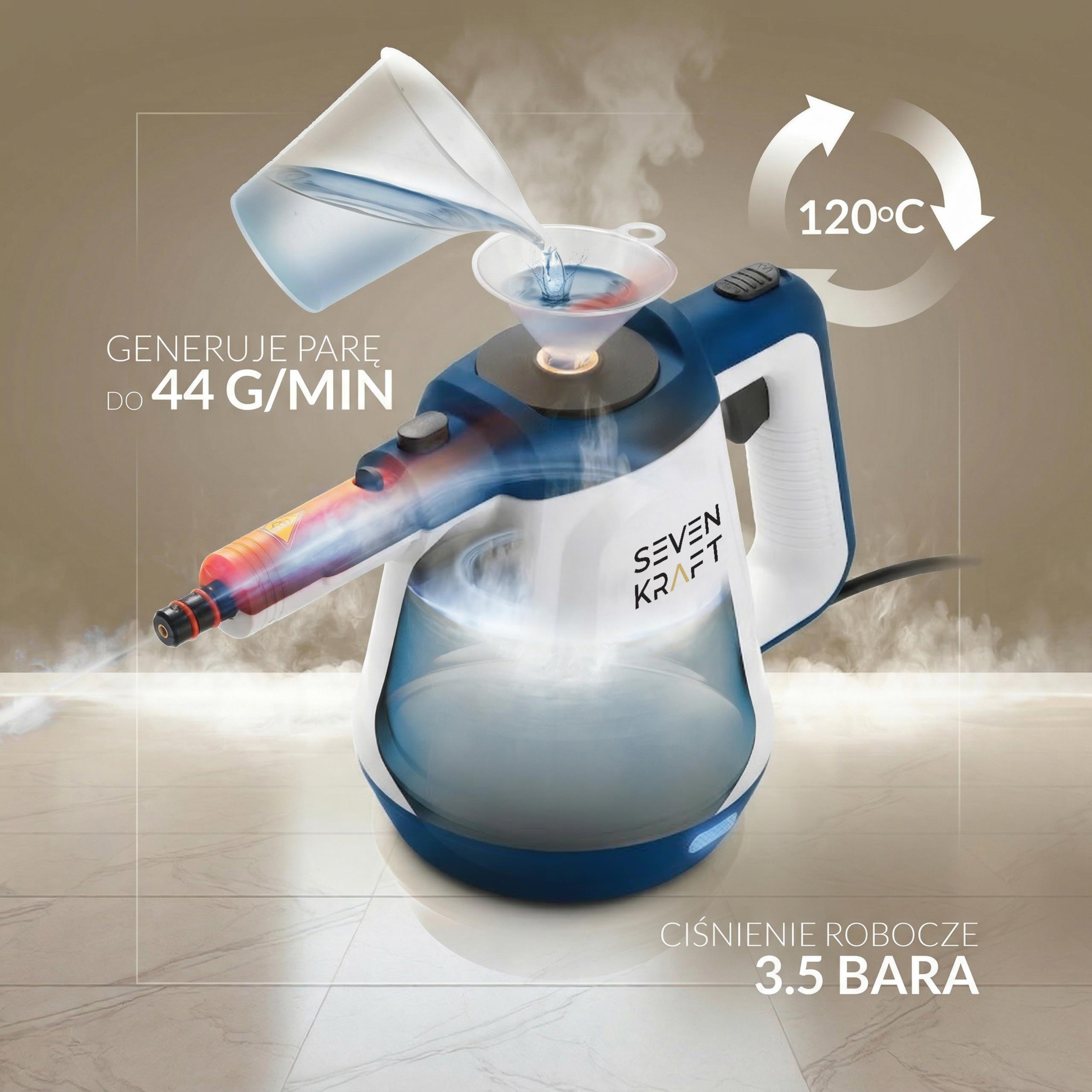 Rzut techniczny myjki parowej  SevenKraft SK 7093B z wymiarami i detalami konstrukcyjnymi.