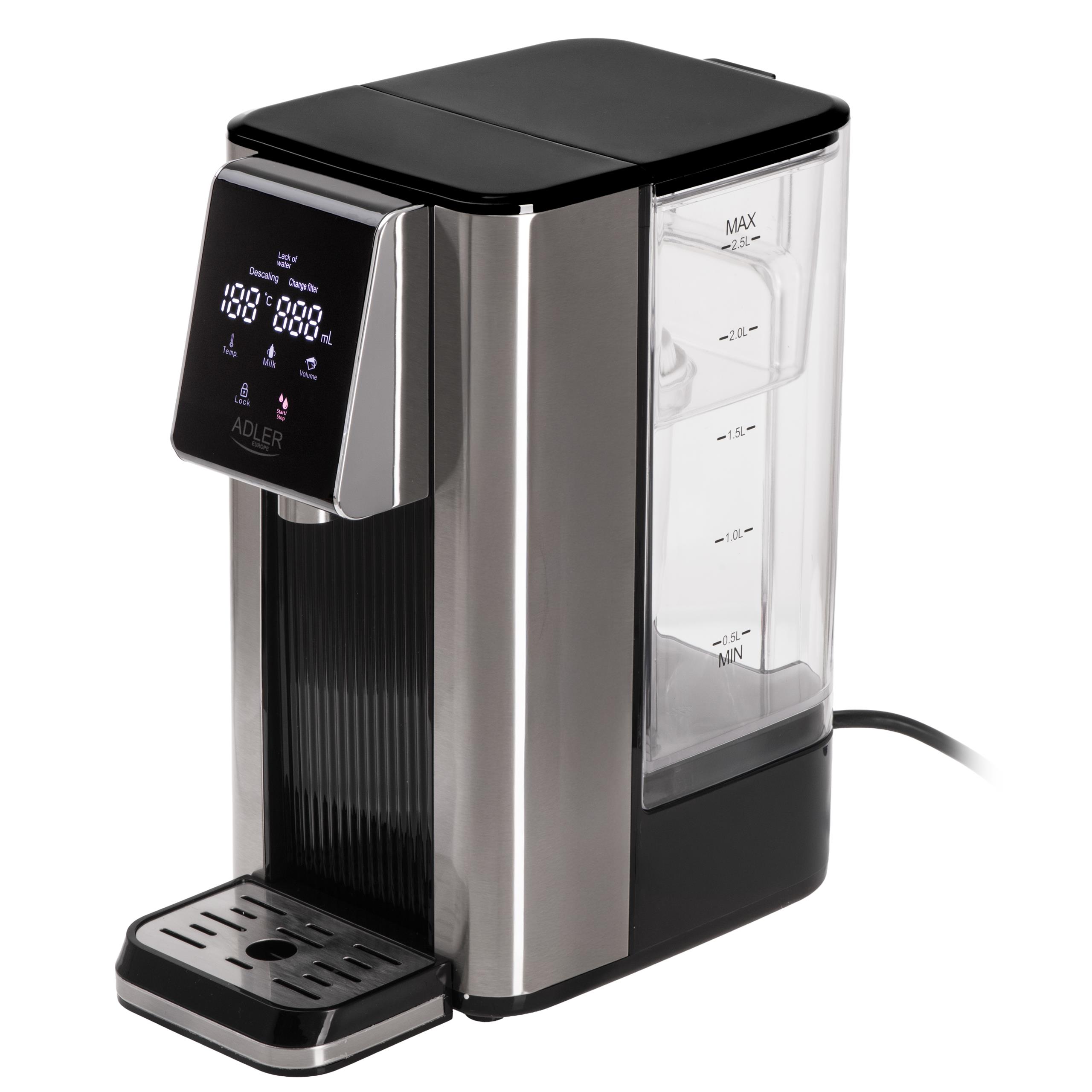 Dozownik gorącej wody z wyświetlaczem pokazującym 40 stopni Celsjusza, z butelką dla niemowląt obok, symbolizujący tryb przygotowania mleka.