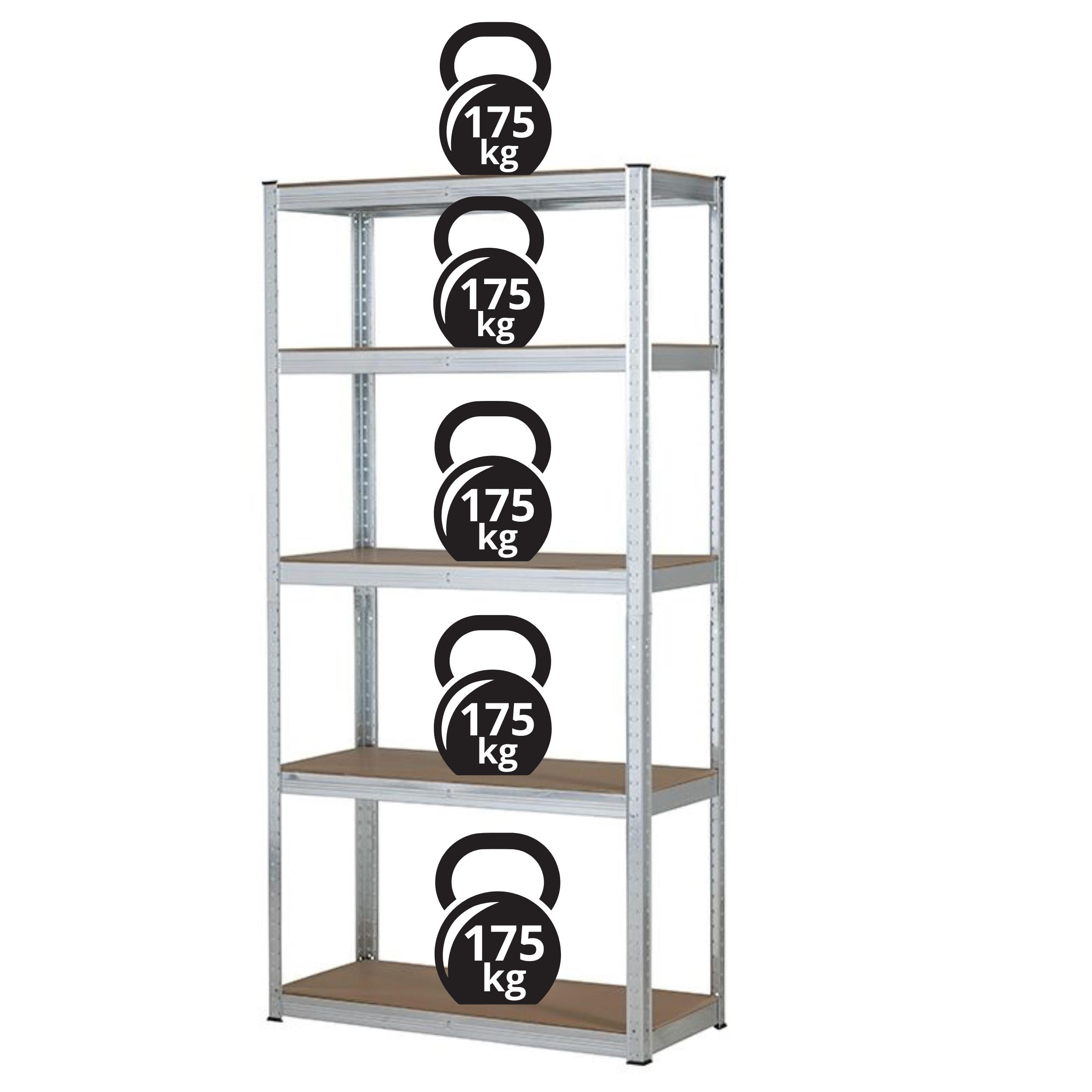 Grafika przedstawiająca udźwig 175 kg na pojedynczą półkę metalowego regału, symbolizująca jego wytrzymałość i bezpieczeństwo.