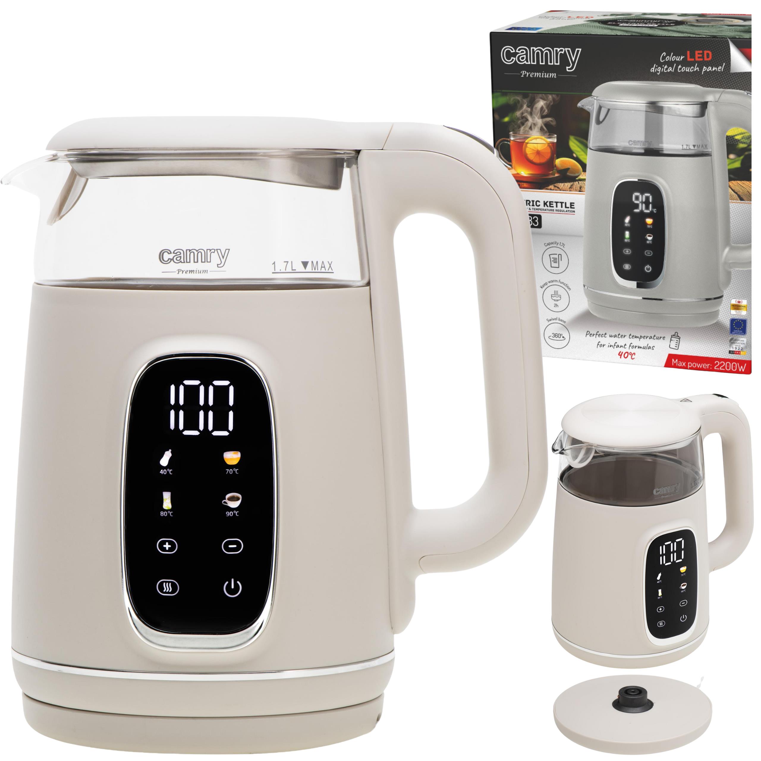 Czajnik elektryczny szklany LED z regulacją temperatury 1,7L Camry CR1383 - widok ogólny