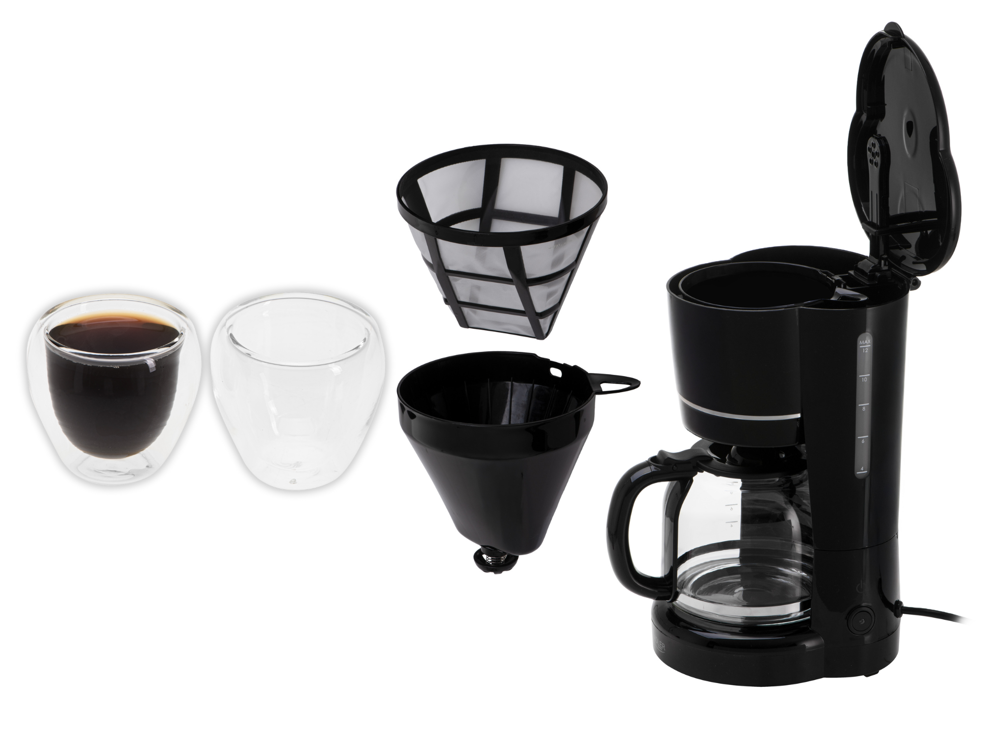 Zawartość zestawu ekspresu Adler AD 4383 z filiżankami do espresso.