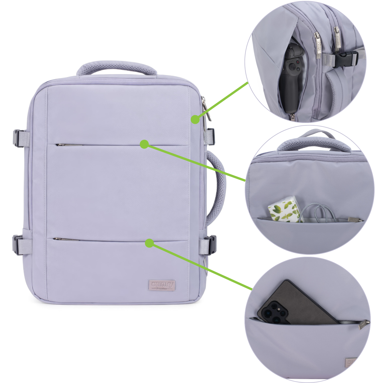 Tył plecaka Adler CR 6881 light purple z ergonomicznymi szelkami, paskiem mostkowym i pasem do mocowania na rączce walizki.
