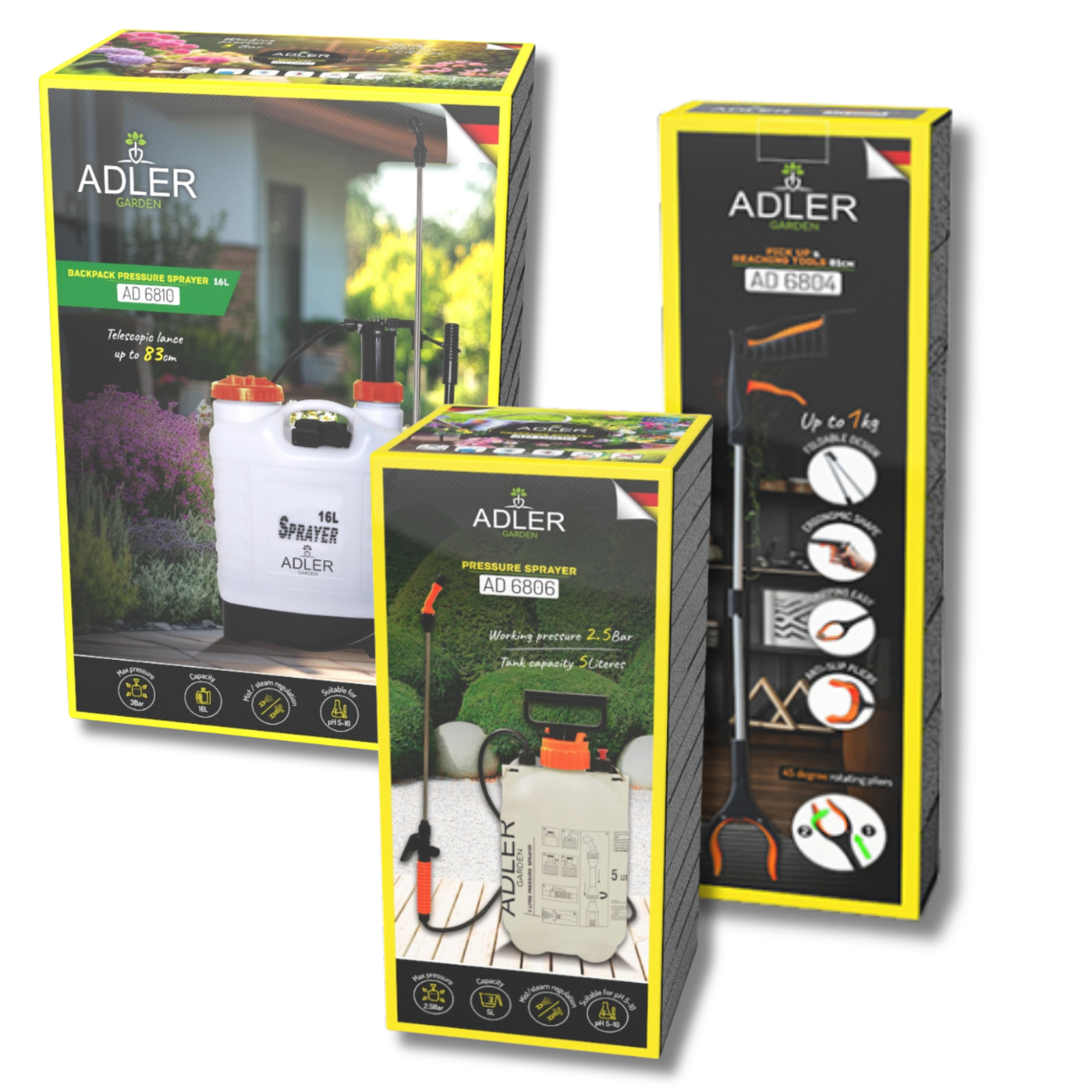 Zbliżenie na rączkę lancy opryskiwacza z zaworem bezpieczeństwa i mechanizmem blokady spustu do pracy ciągłej.