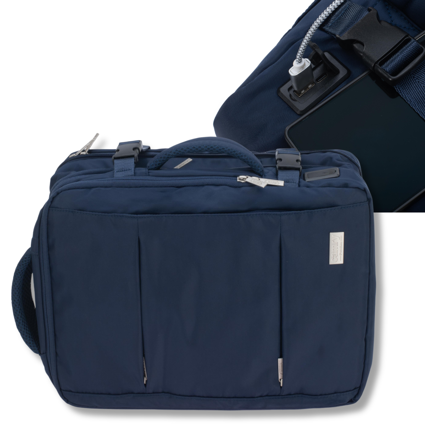 Widok na otwartą komorę plecaka Camry CR 6881 z portami USB-A i USB-C do ładowania urządzeń